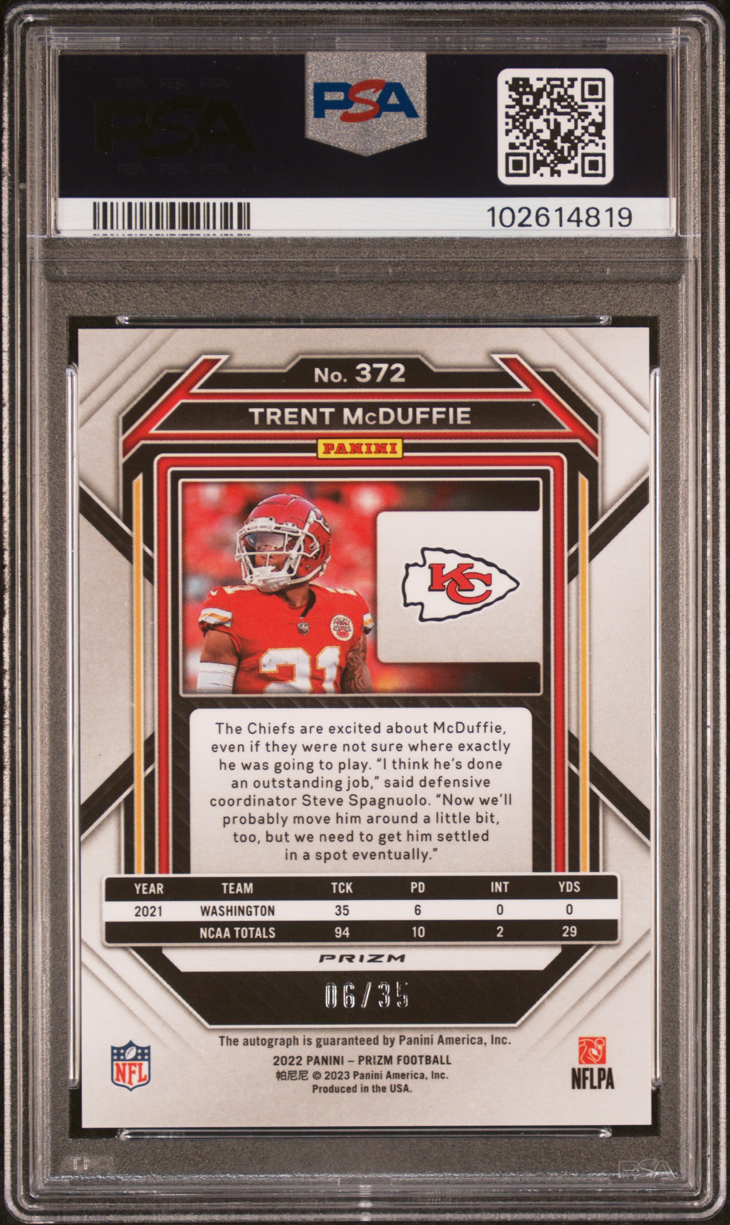 2022 Panini Prizm Trent Mcduffie #372 (Autograph-Red Shimmer) Mint 9 back