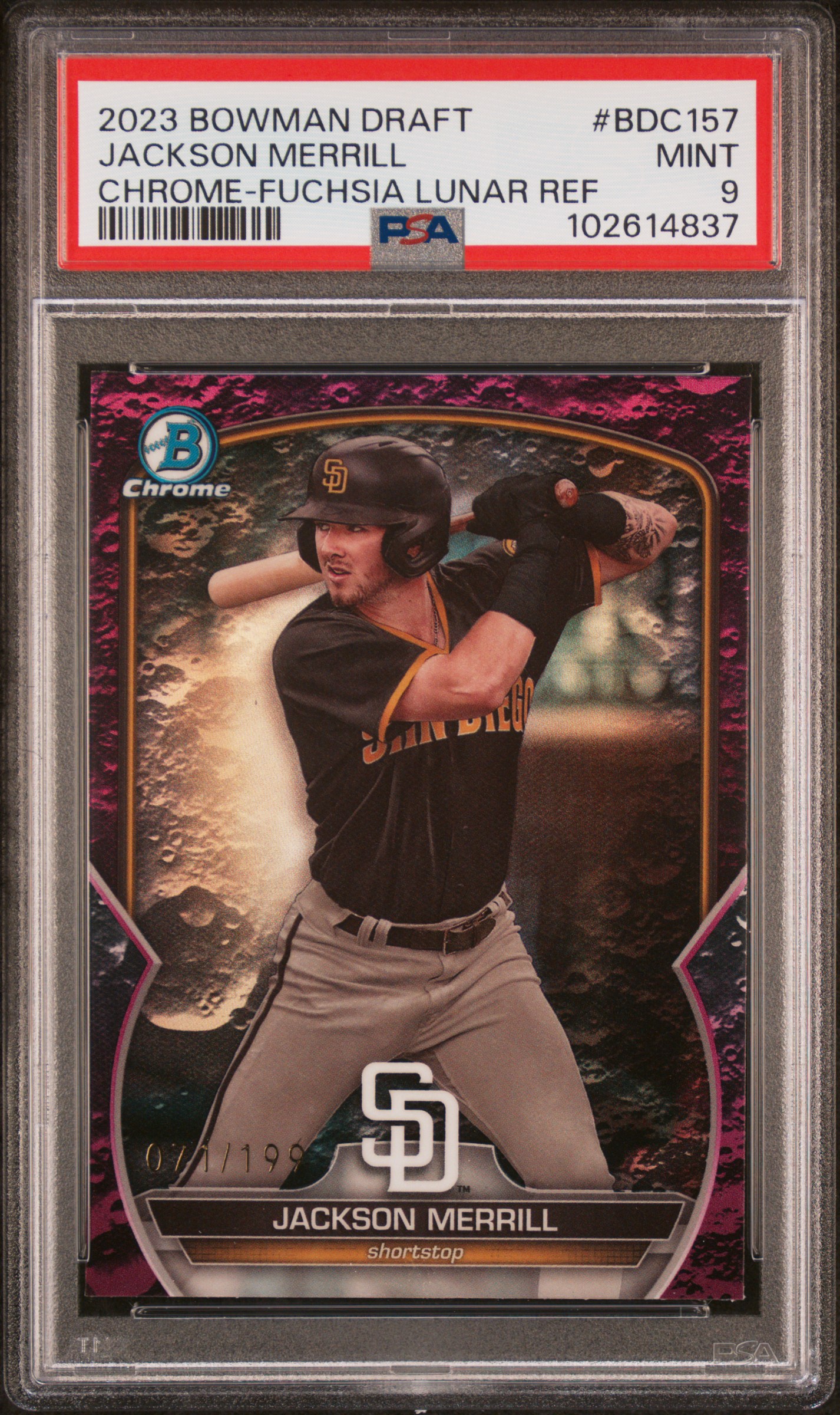 2023 Bowman Draft Jackson Merrill #Bdc157 (Chrome-Fuchsia Lunar Ref) Mint 9 front