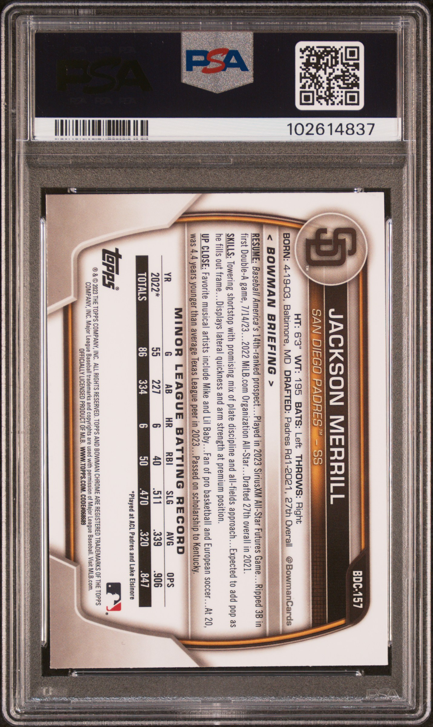 2023 Bowman Draft Jackson Merrill #Bdc157 (Chrome-Fuchsia Lunar Ref) Mint 9 back