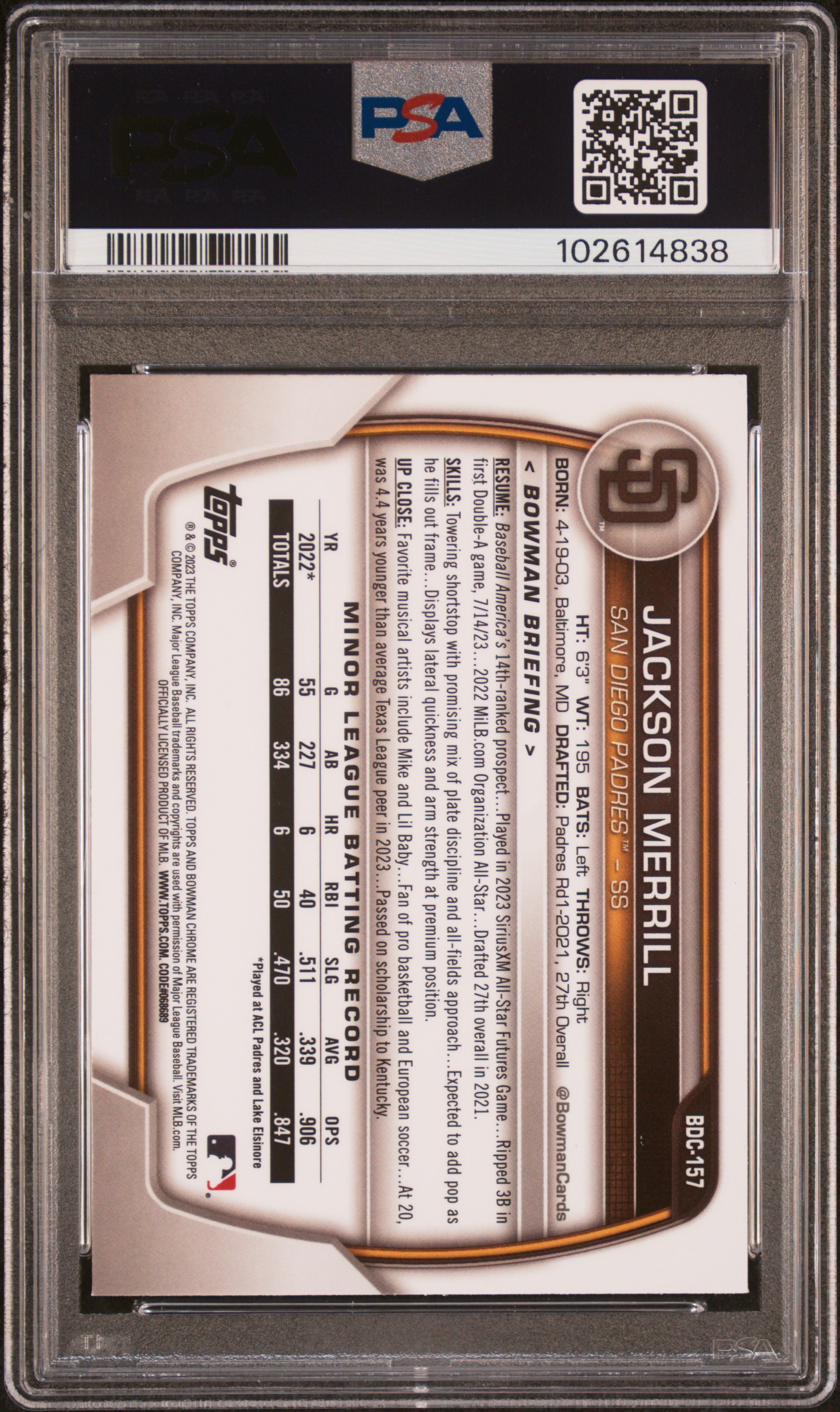 2023 Bowman Draft Jackson Merrill #Bdc157 (Chrome-Blue Refractor) Mint 9 back