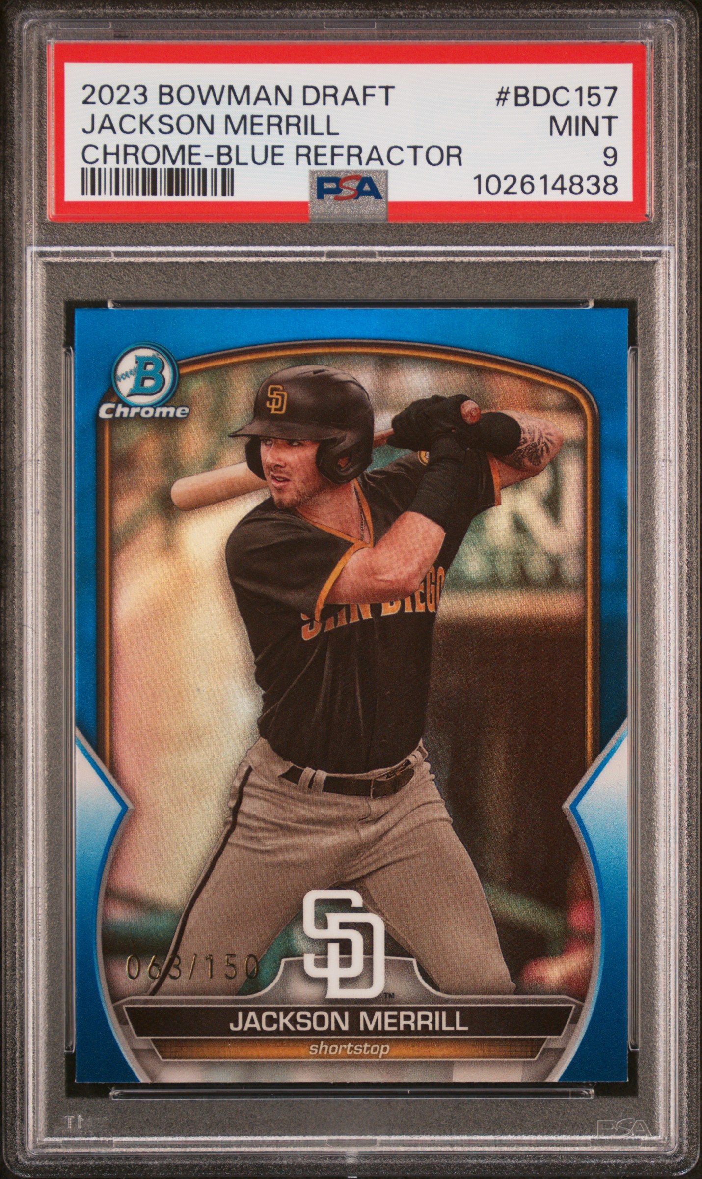 2023 Bowman Draft Jackson Merrill #Bdc157 (Chrome-Blue Refractor) Mint 9 front