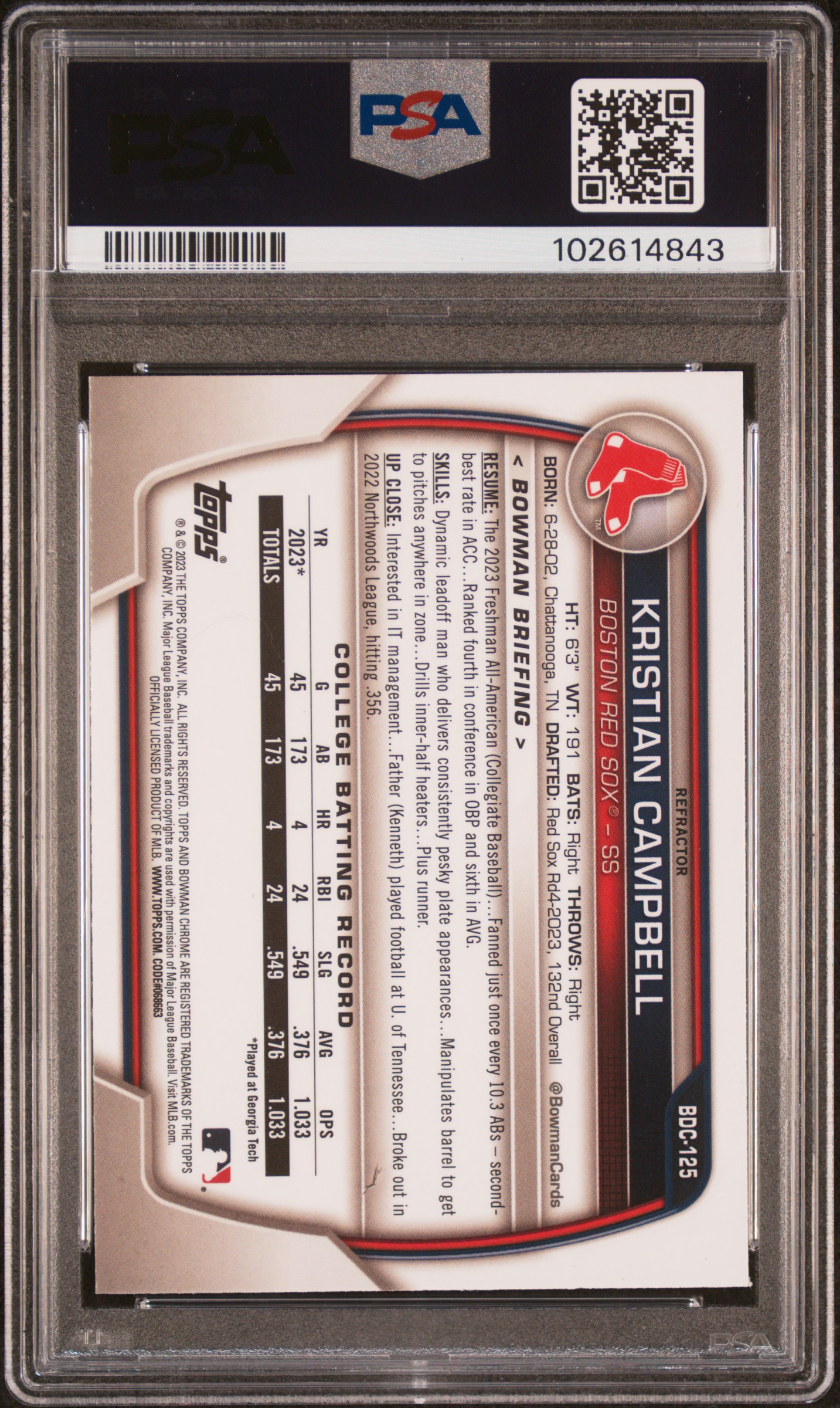 2023 Bowman Draft Kristian Campbell #Bdc125 (Chrome-Refractor) Mint 9 back