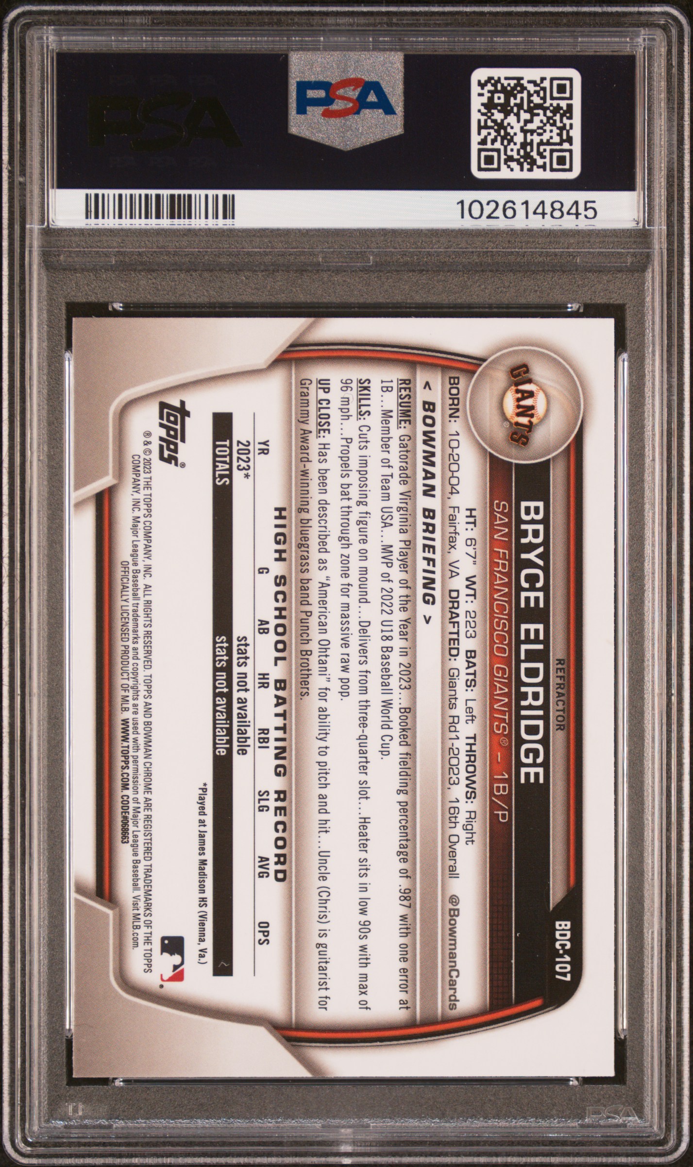 2023 Bowman Draft Bryce Eldridge #Bdc107 (Chrome-Refractor) Mint 9 back