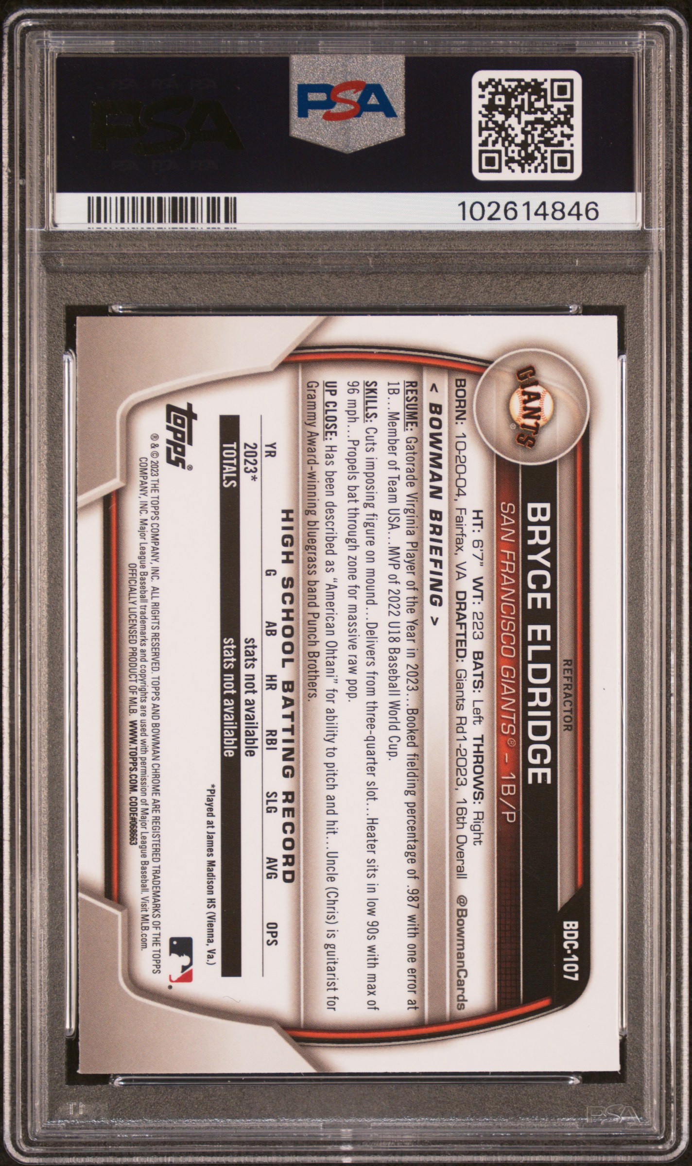 2023 Bowman Draft Bryce Eldridge #Bdc107 (Chrome-Refractor) Gem Mt 10 back