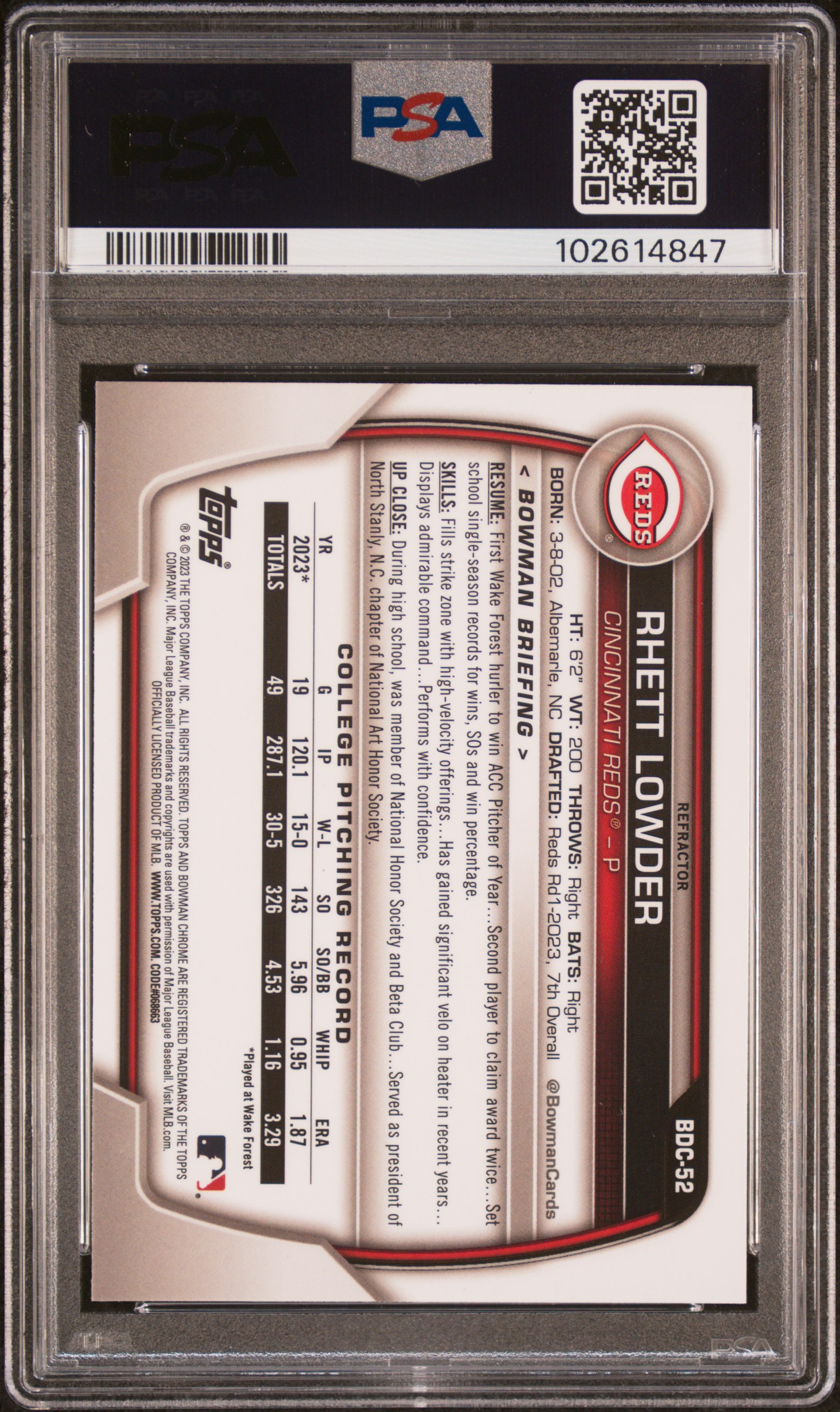 2023 Bowman Draft Rhett Lowder #Bdc52 (Chrome-Refractor) Mint 9 back