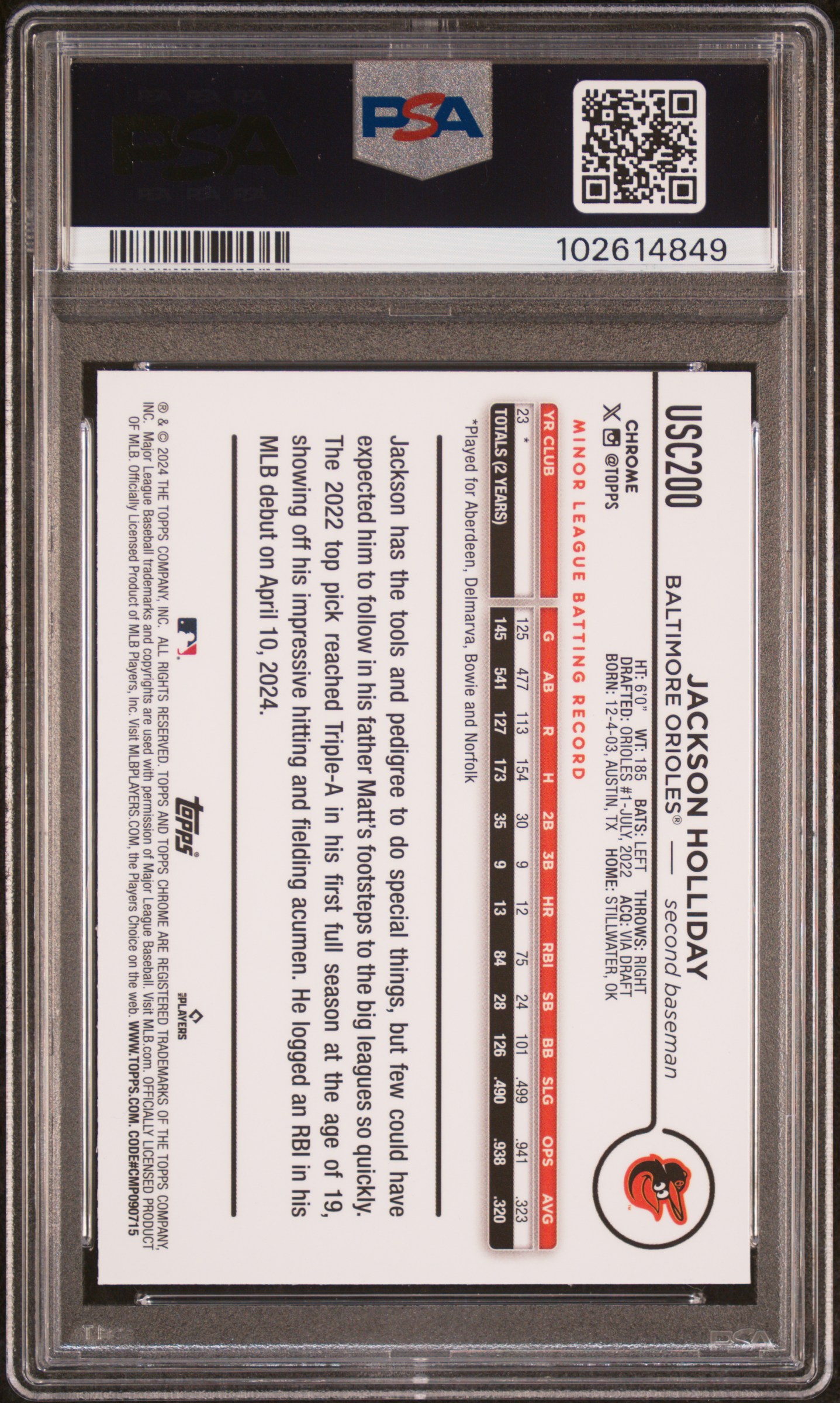 2024 Topps Chrome Update Jackson Holliday #Usc200 (Raywave Refractor) Mint 9 back