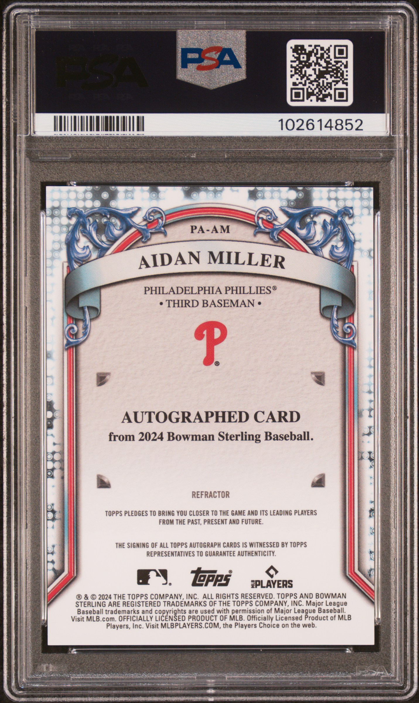 2024 Bowman Sterling Prospect Autographs Aidan Miller #Paam (Prospect Auto-Refractor) Gem Mt 10 back