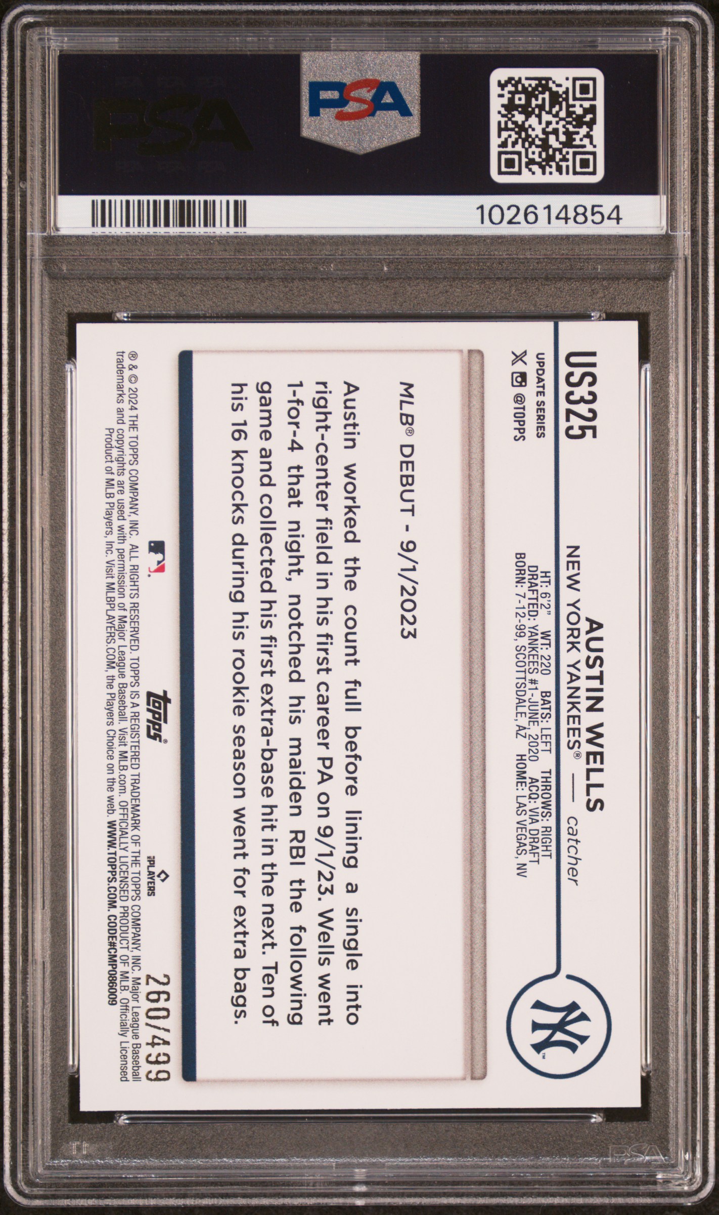 2024 Topps Update Austin Wells #Us325 (Green Crackle Foil Board) Gem Mt 10 back