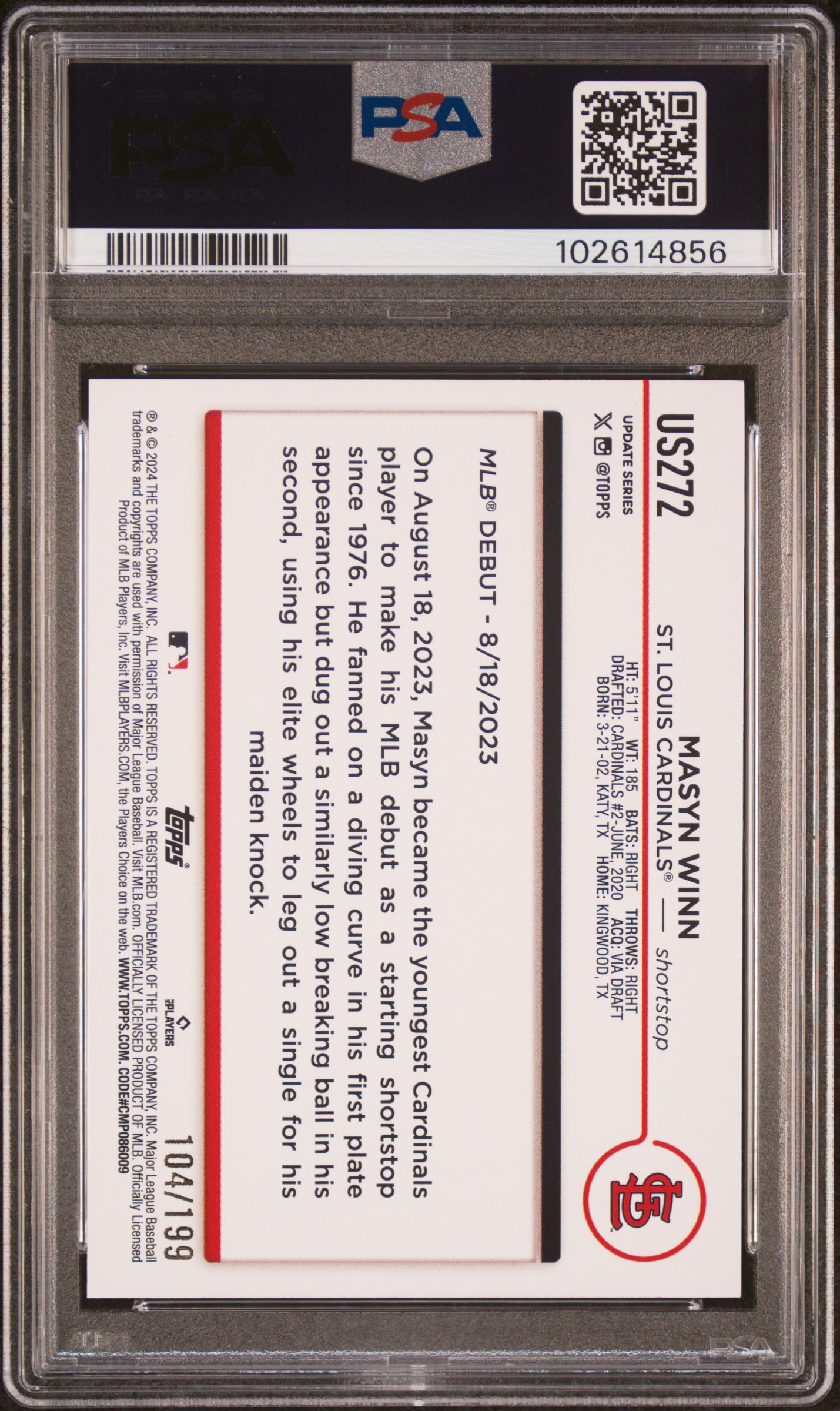 2024 Topps Update Masyn Winn #Us272 (Red Crackle Foil Board) Nm-Mt 8 back