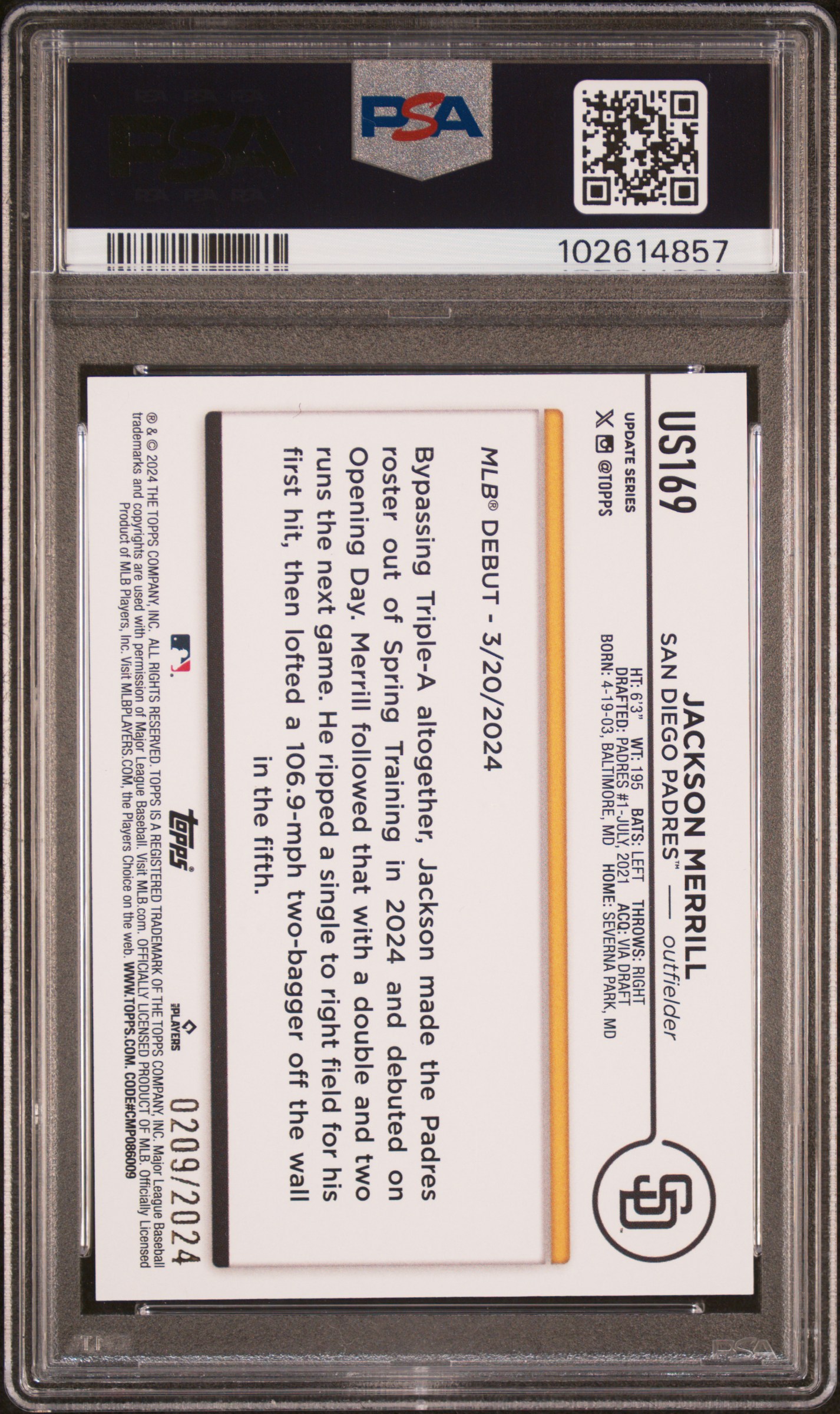 2024 Topps Update Jackson Merrill #Us169 (Gold) Mint 9 back