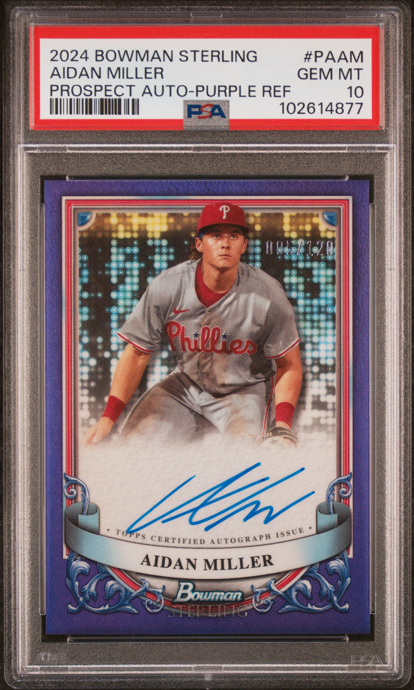 2024 Bowman Sterling Prospect Autographs Aidan Miller #Paam (Prospect Auto-Purple Ref) Gem Mt 10 front