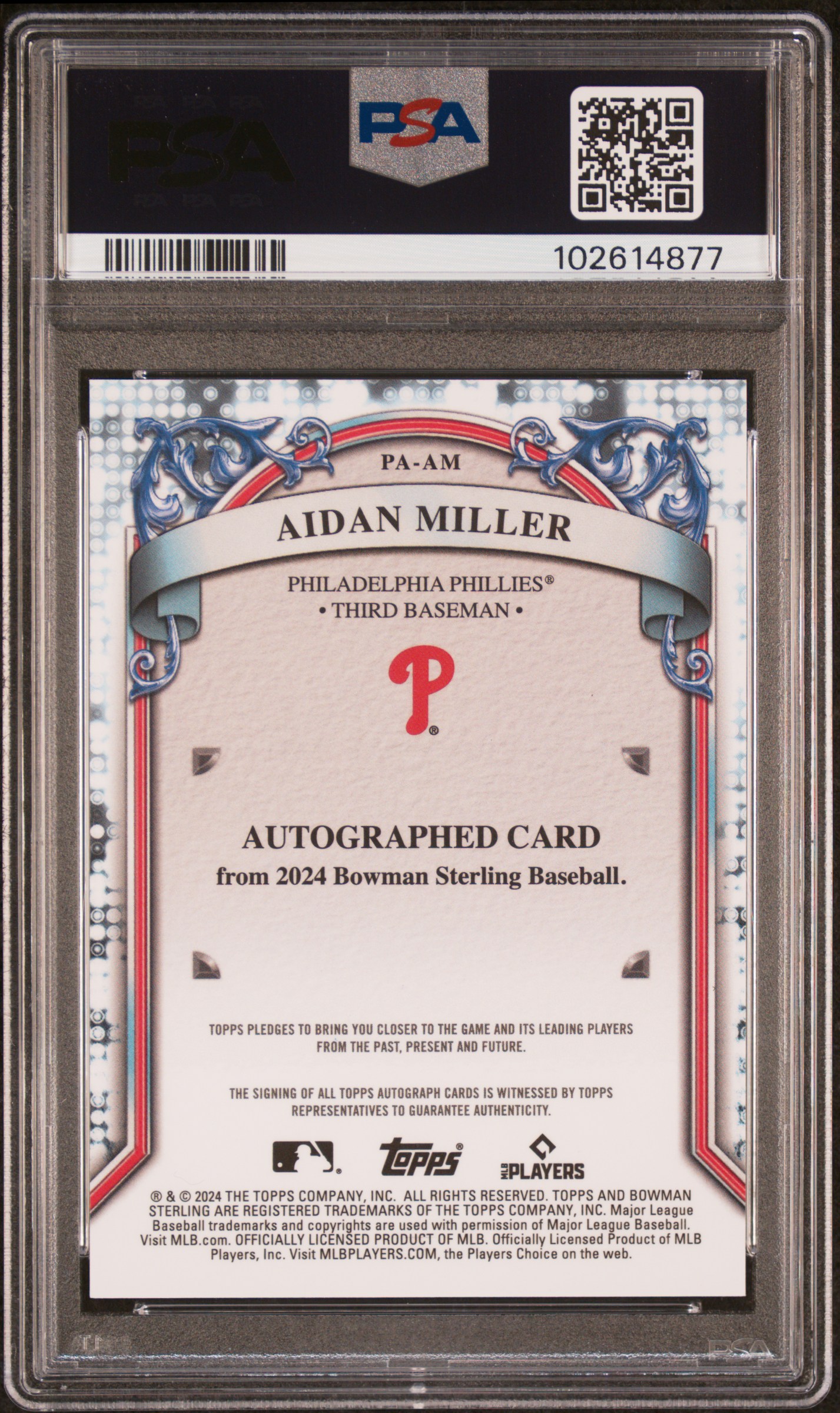 2024 Bowman Sterling Prospect Autographs Aidan Miller #Paam (Prospect Auto-Purple Ref) Gem Mt 10 back