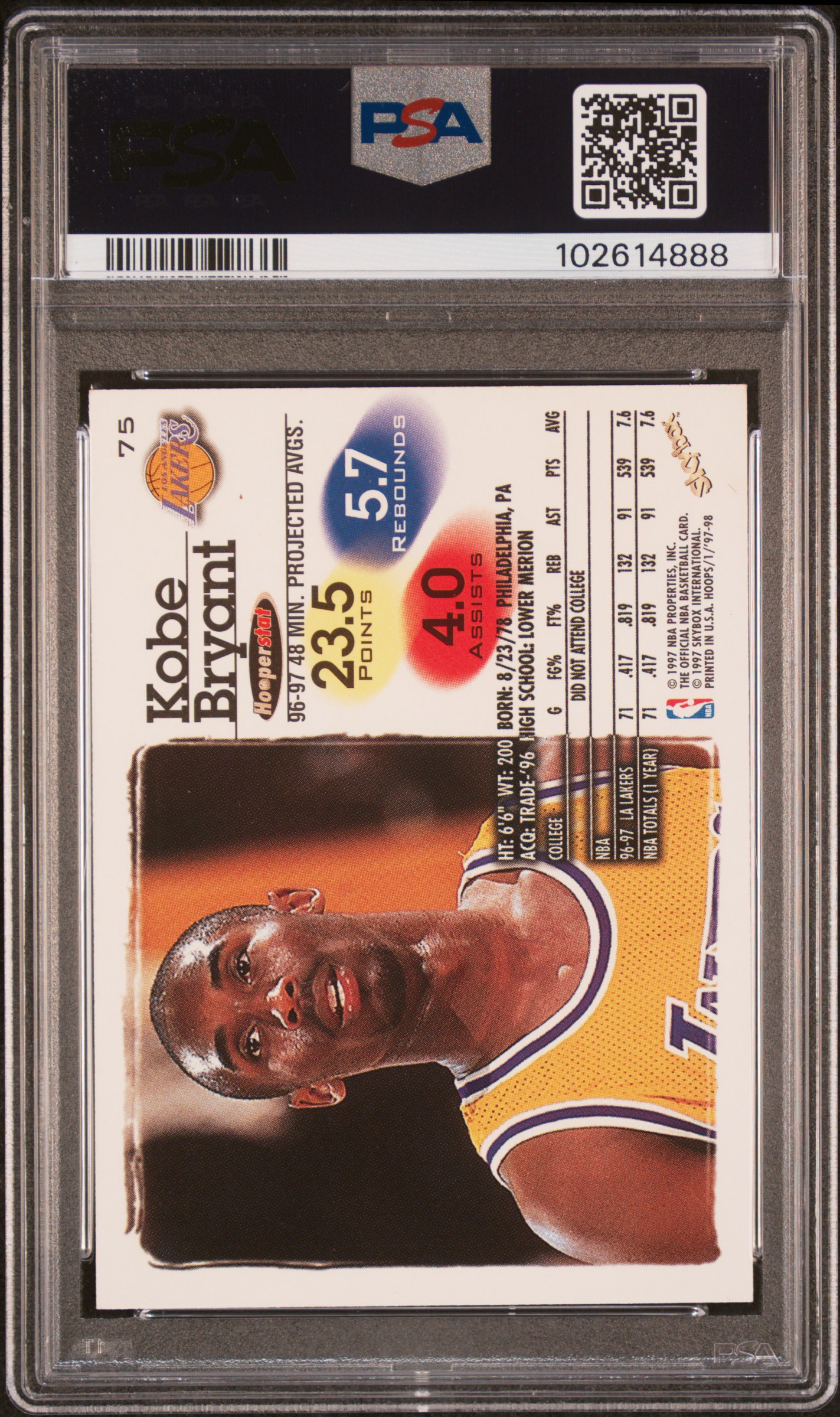 1997 Hoops Kobe Bryant #75 Ex-Mt 6 back