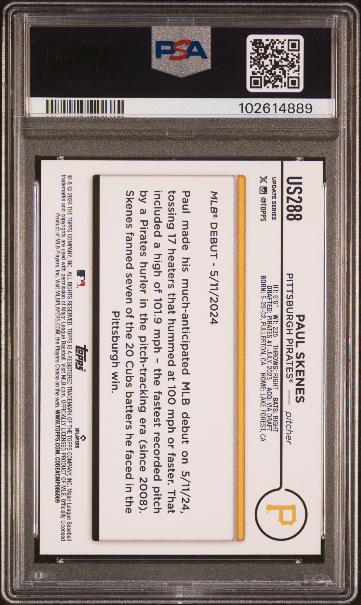 2024 Topps Update Paul Skenes #Us288 Mint 9 back