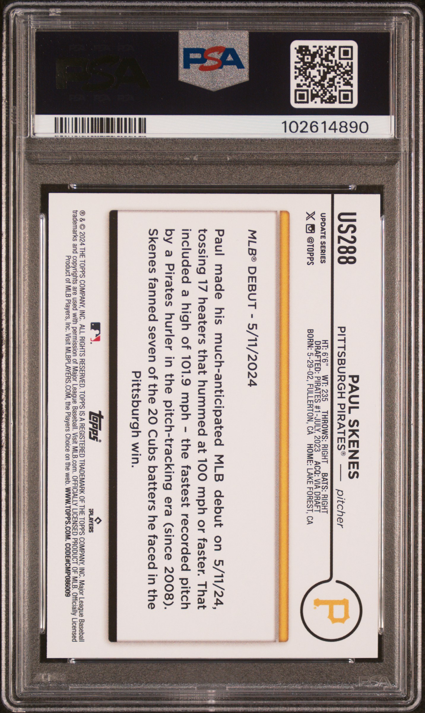2024 Topps Update Paul Skenes #Us288 Mint 9 back