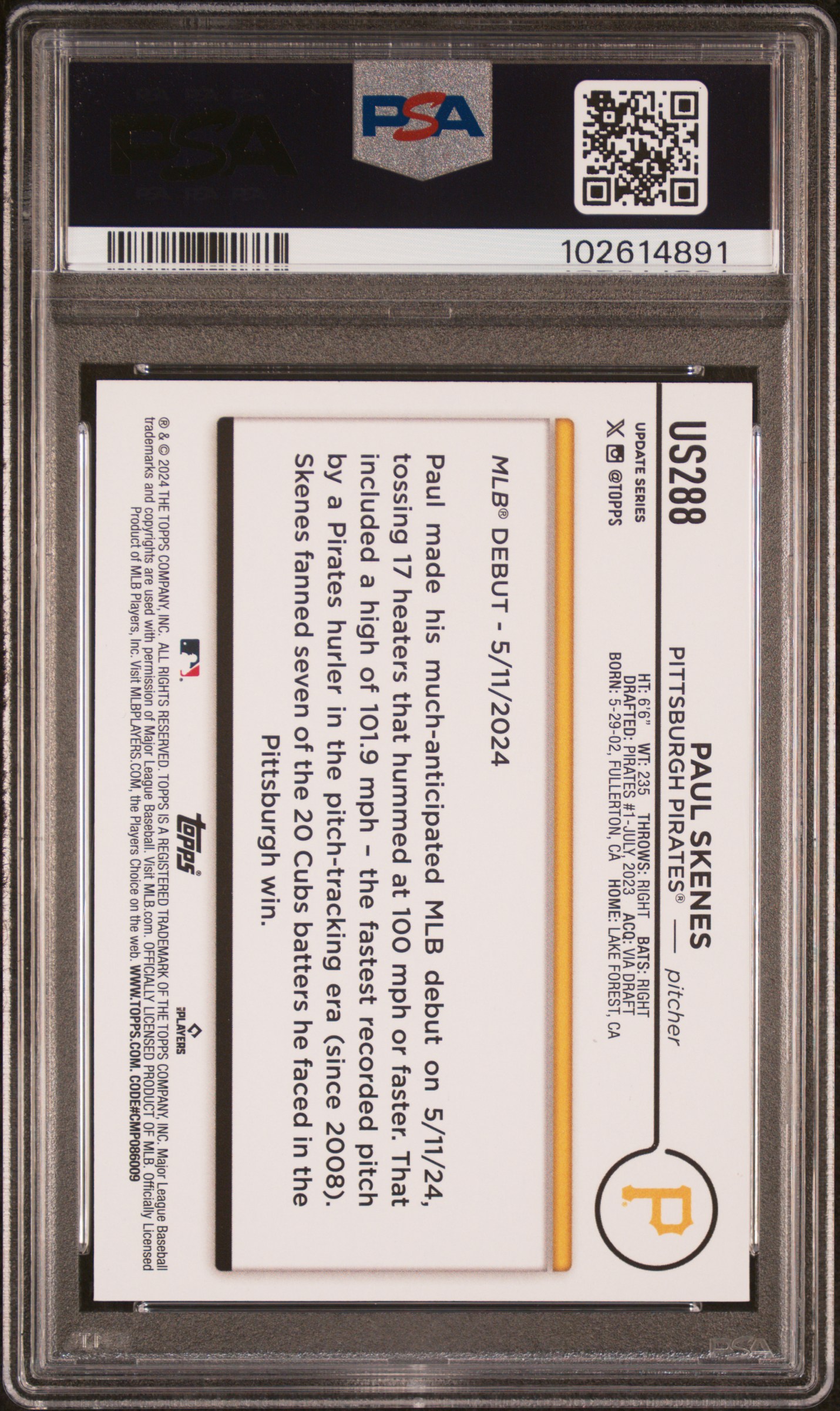 2024 Topps Update Paul Skenes #Us288 Mint 9 back