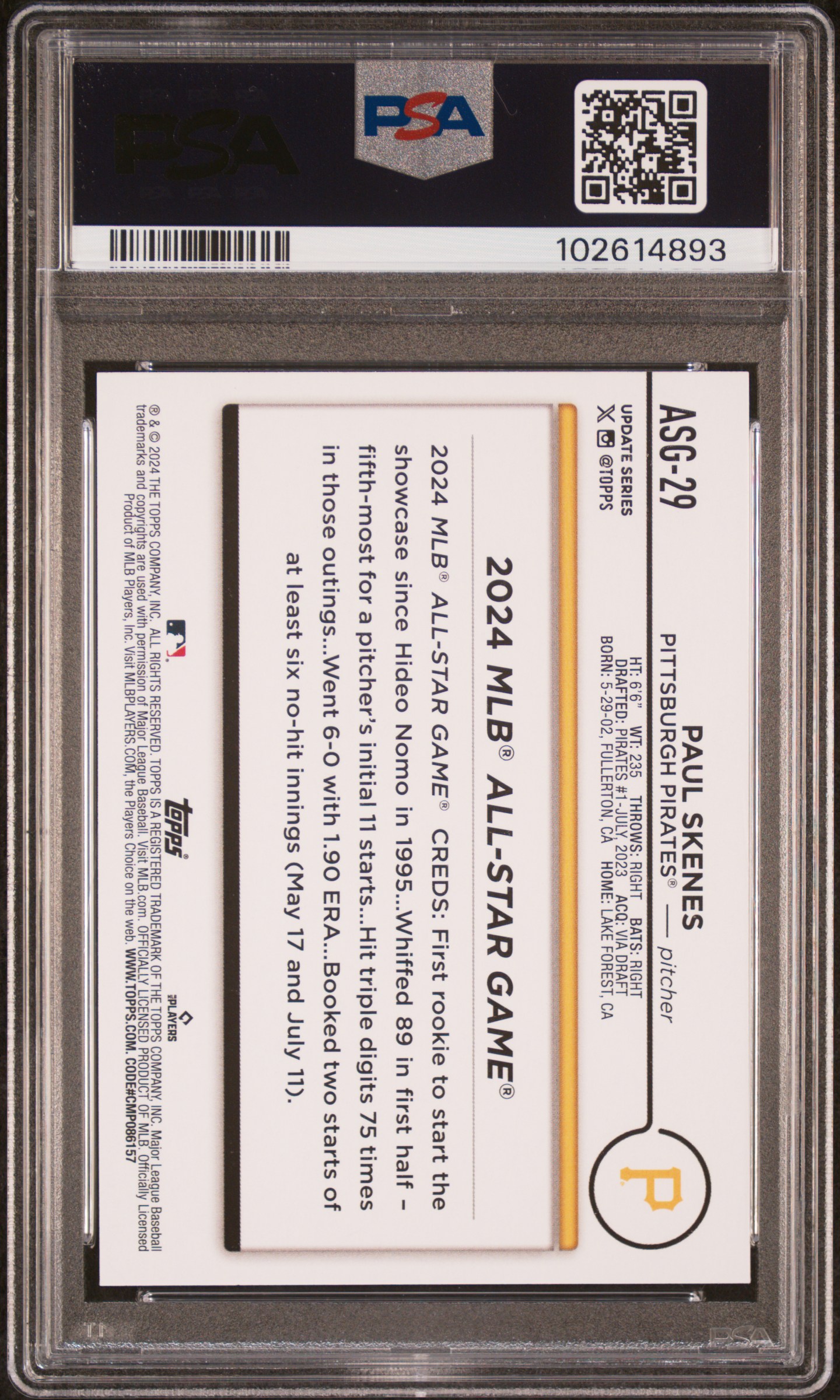 2024 Topps Update 2024 All-Star Game Paul Skenes #Asg29 Mint 9 back