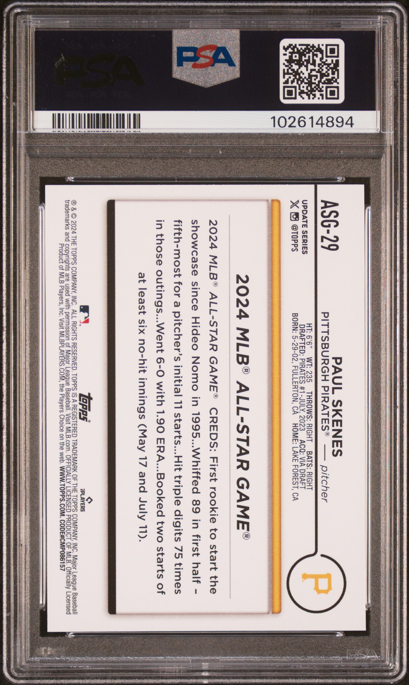 2024 Topps Update 2024 All-Star Game Paul Skenes #Asg29 Mint 9 back