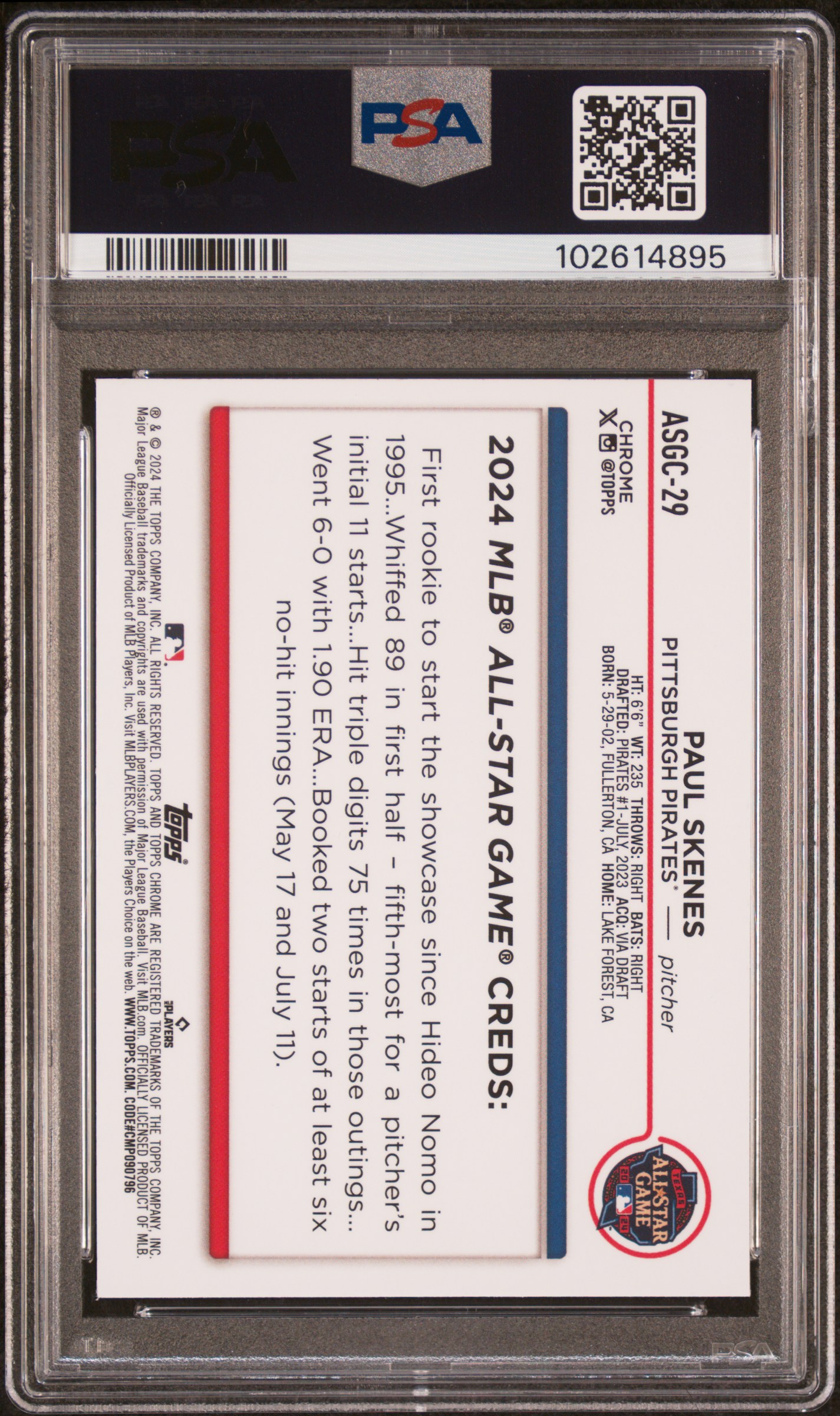 2024 Topps Chrome Update 2024 All-Star Game Chrome Paul Skenes #29 Mint 9 back