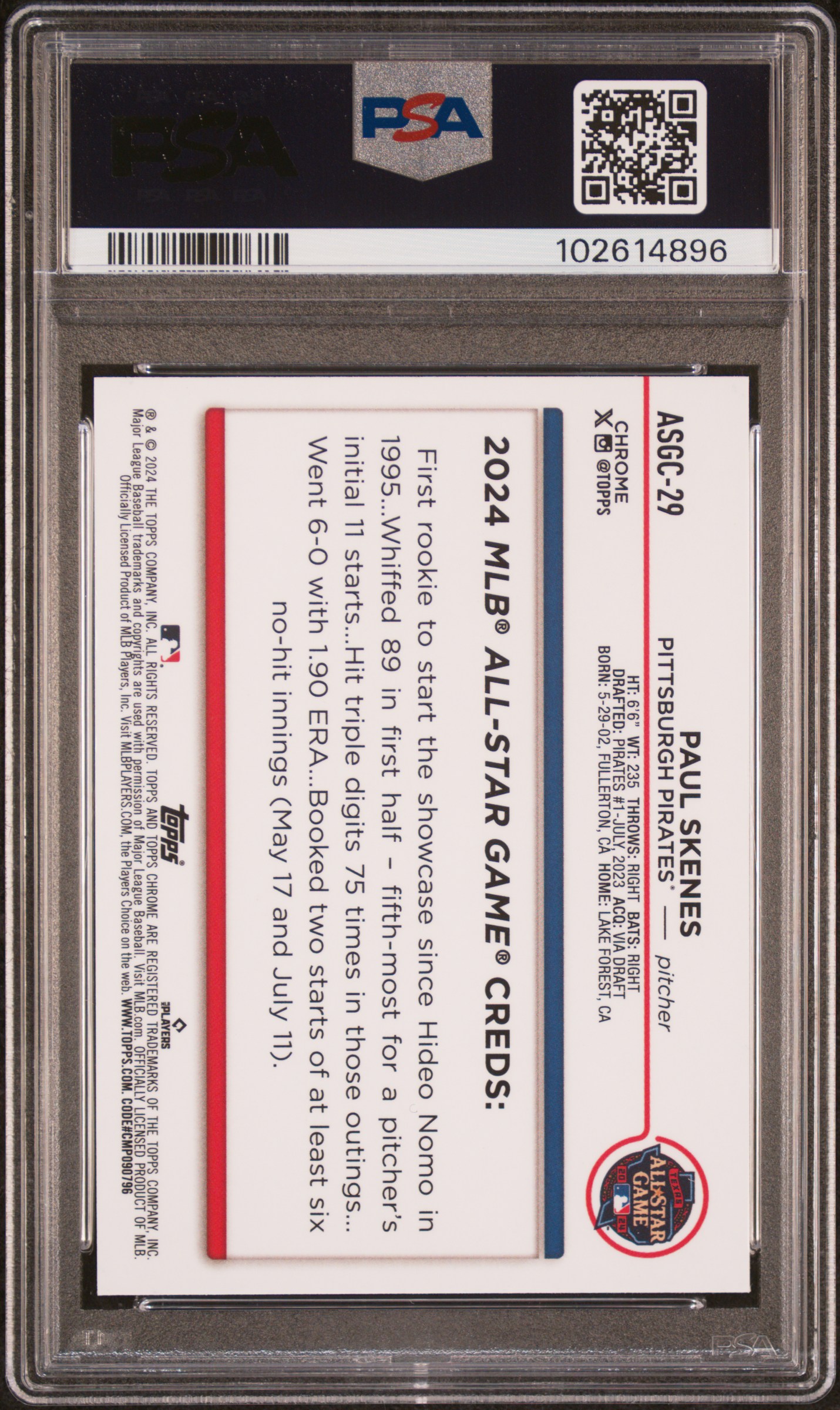 2024 Topps Chrome Update 2024 All-Star Game Chrome Paul Skenes #29 Mint 9 back