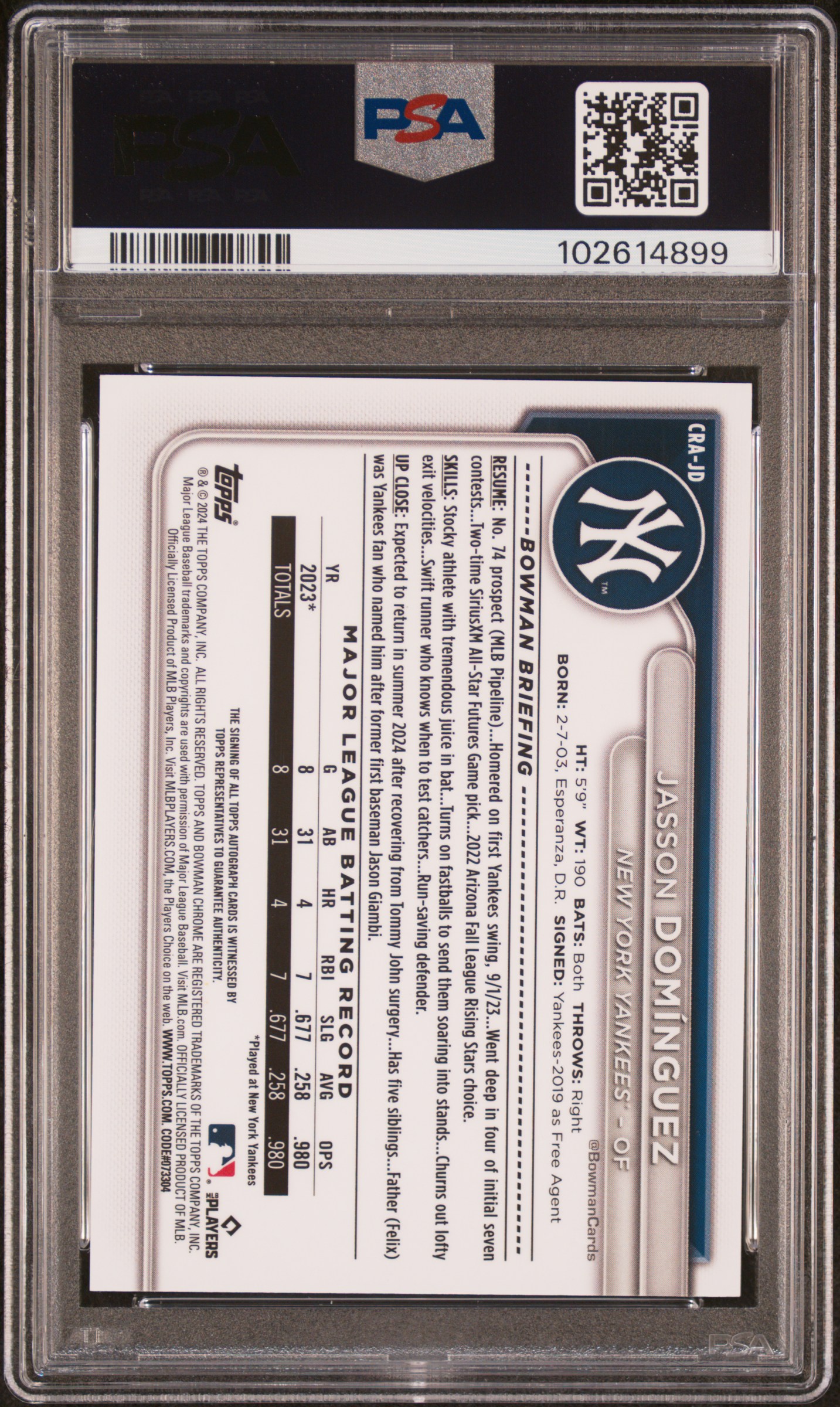 2024 Bowman Chrome Rookie Autographs Jasson Dominguez #Crajd (Chrome Rookie Au-Green Ref) Mint 9 back