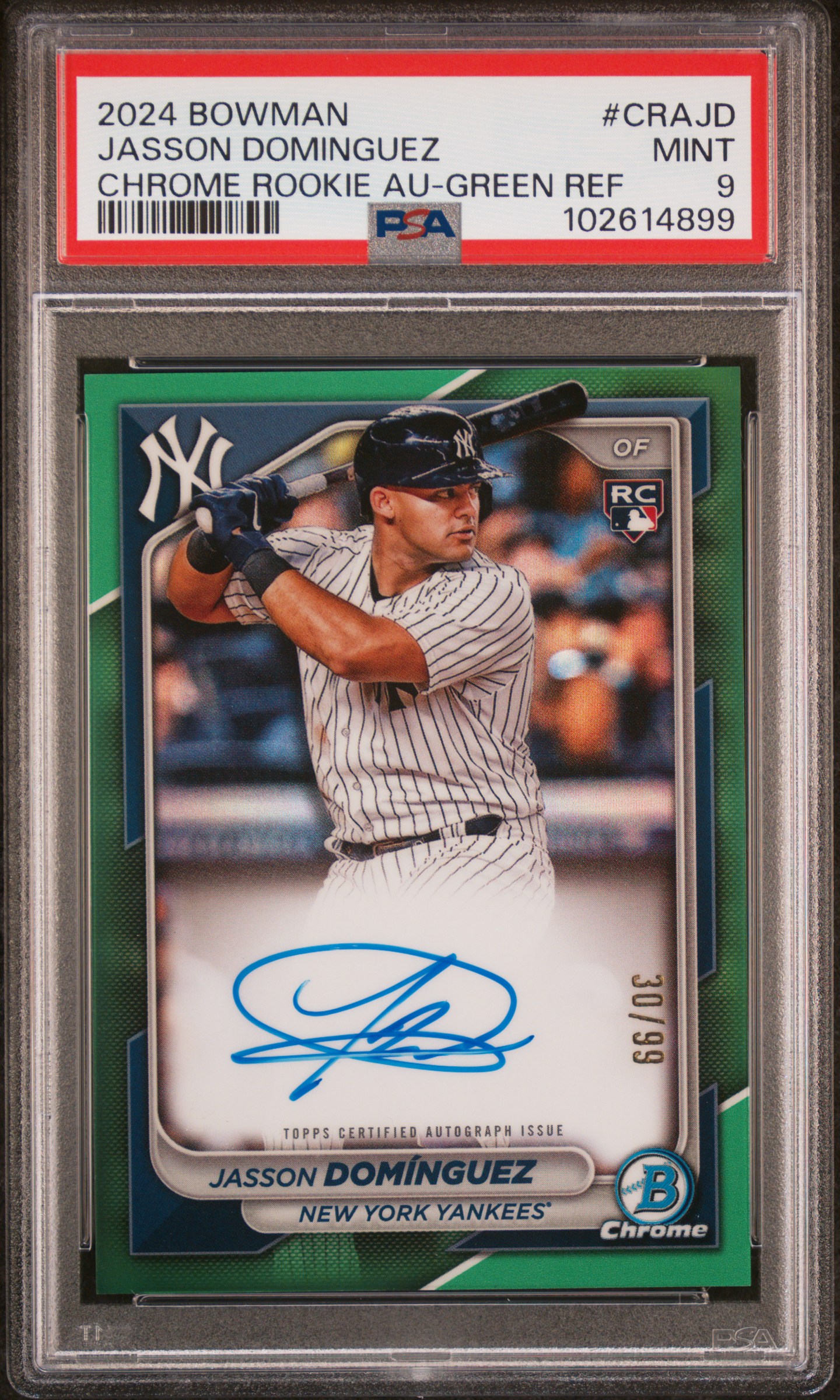 2024 Bowman Chrome Rookie Autographs Jasson Dominguez #Crajd (Chrome Rookie Au-Green Ref) Mint 9 front