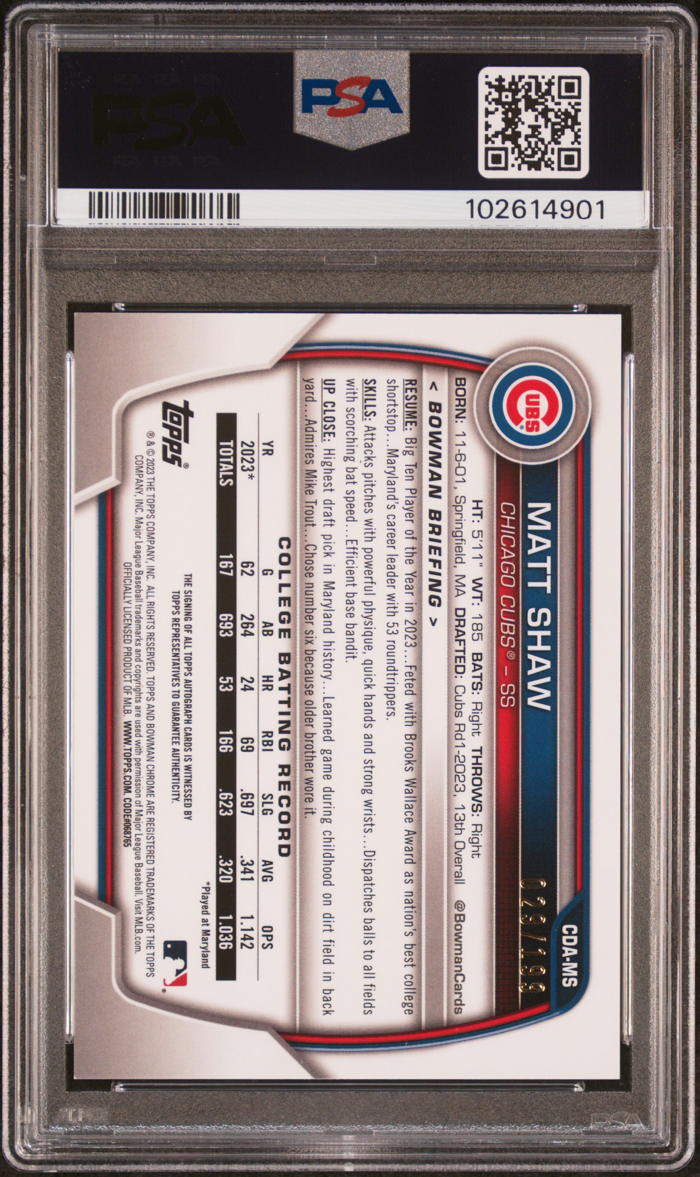 2023 Bowman Draft Sapphire Edition Chrome Prospect Autographs Matt Shaw #Cdams Nm-Mt 8 back