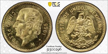 1955-M 5 Peso KM-464  Au MS66