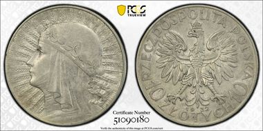 1932(w) 10 Zl Queen Jadwiga KM-22  Ag AU53