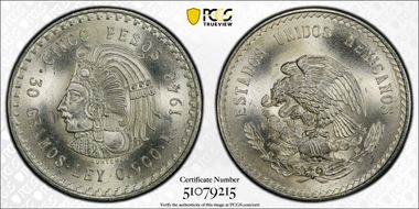 1948-Mo 5 Peso Cuauhtemoc KM-465  Ag MS66