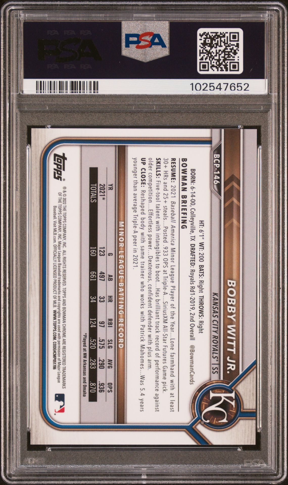 2022 Bowman Chrome Prospects Bobby Witt Jr. #Bcp146 (Chr.pros-Yellow Refractor) Mint 9 back