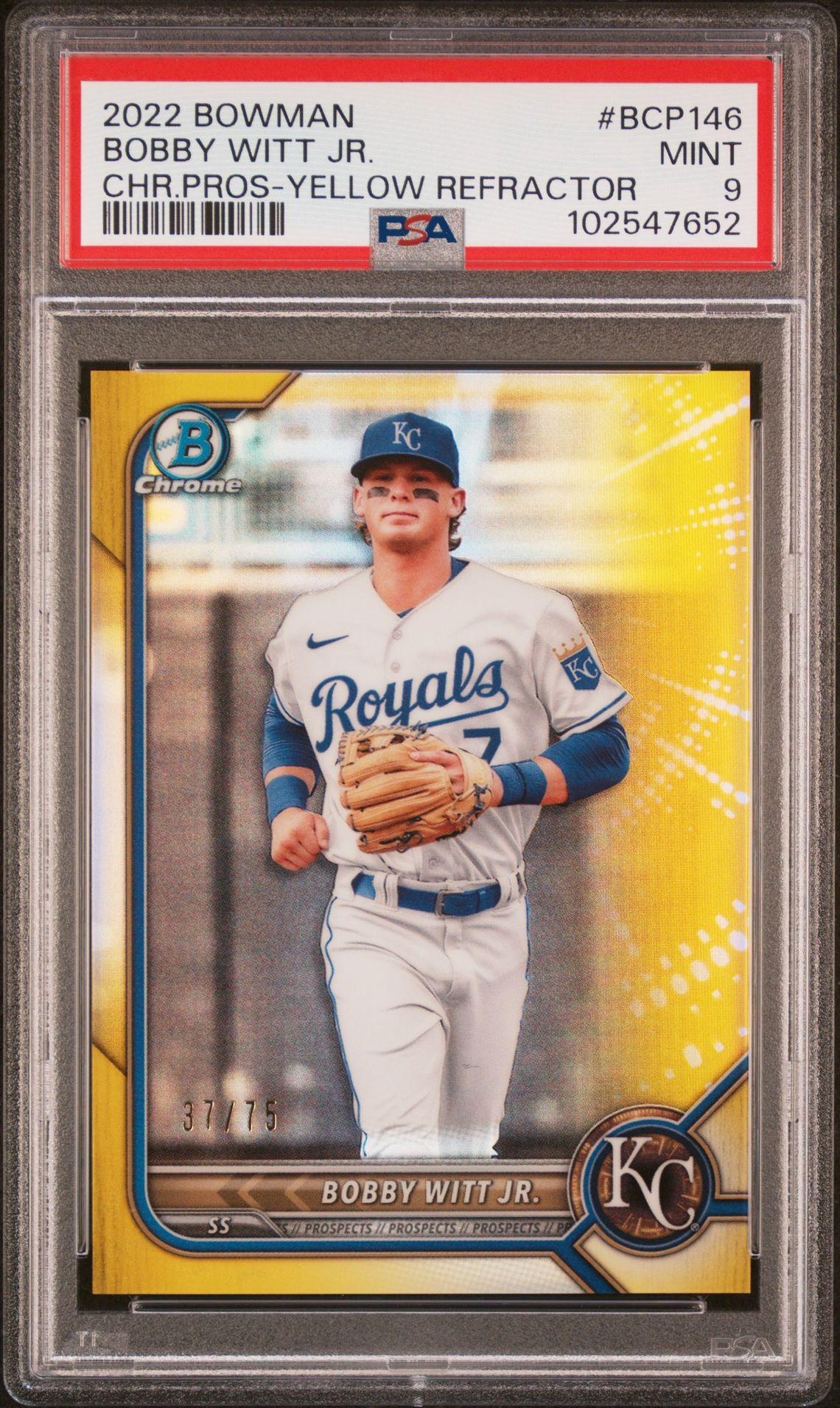 2022 Bowman Chrome Prospects Bobby Witt Jr. #Bcp146 (Chr.pros-Yellow Refractor) Mint 9 front