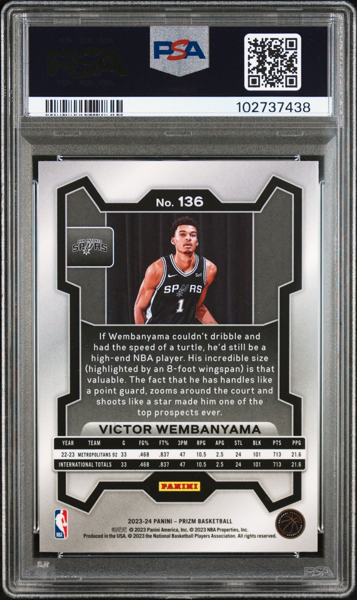 2023 Panini Prizm Victor Wembanyama #136 Gem Mt 10 back