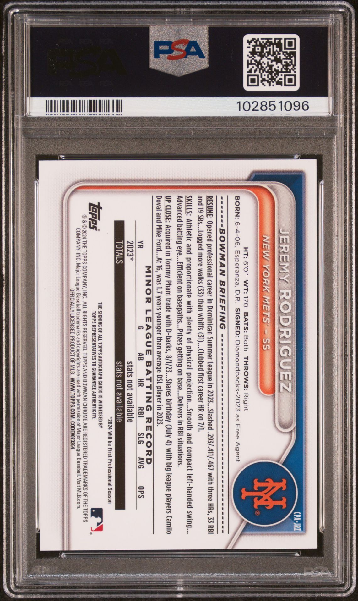 2024 Bowman Chrome Prospect Autographs Jeremy Rodriguez #Cpajrz (Prospect Auto-Yellow Ref) Gem Mt 10 back