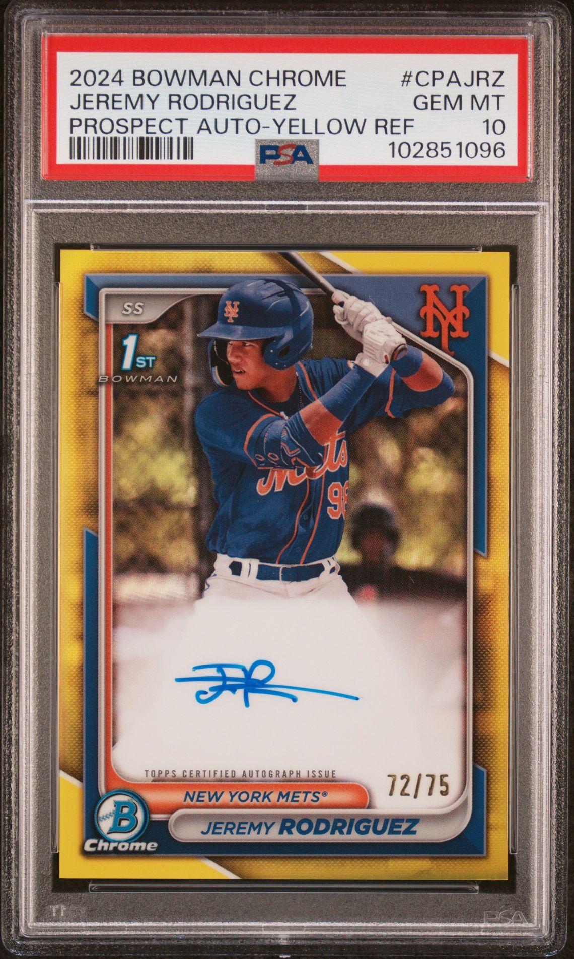 2024 Bowman Chrome Prospect Autographs Jeremy Rodriguez #Cpajrz (Prospect Auto-Yellow Ref) Gem Mt 10 front