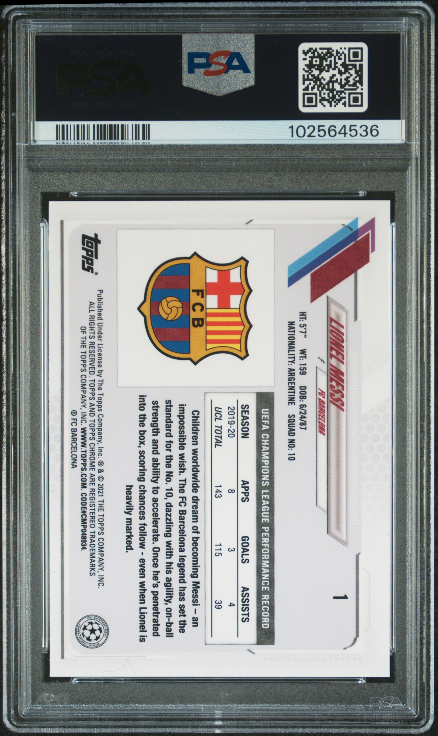 2020 Topps Chrome X Steve Aoki Uefa Champions League Neon Future Lionel Messi #1 Gem Mt 10 back