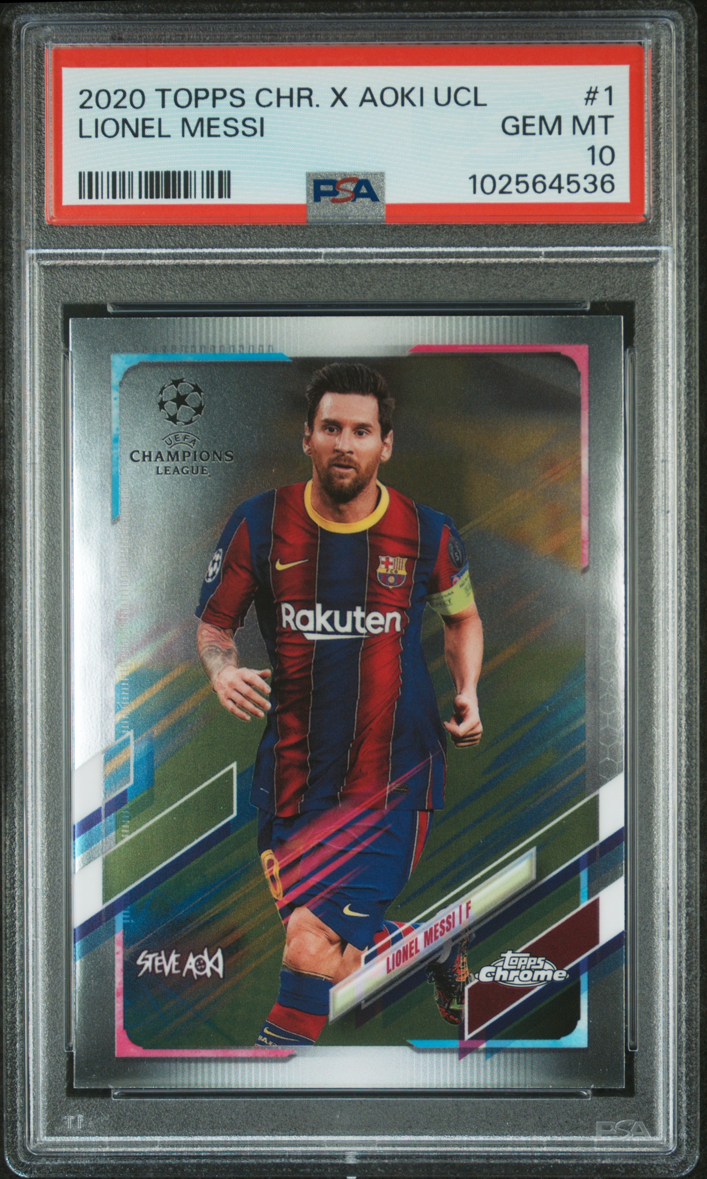 2020 Topps Chrome X Steve Aoki Uefa Champions League Neon Future Lionel Messi #1 Gem Mt 10 front