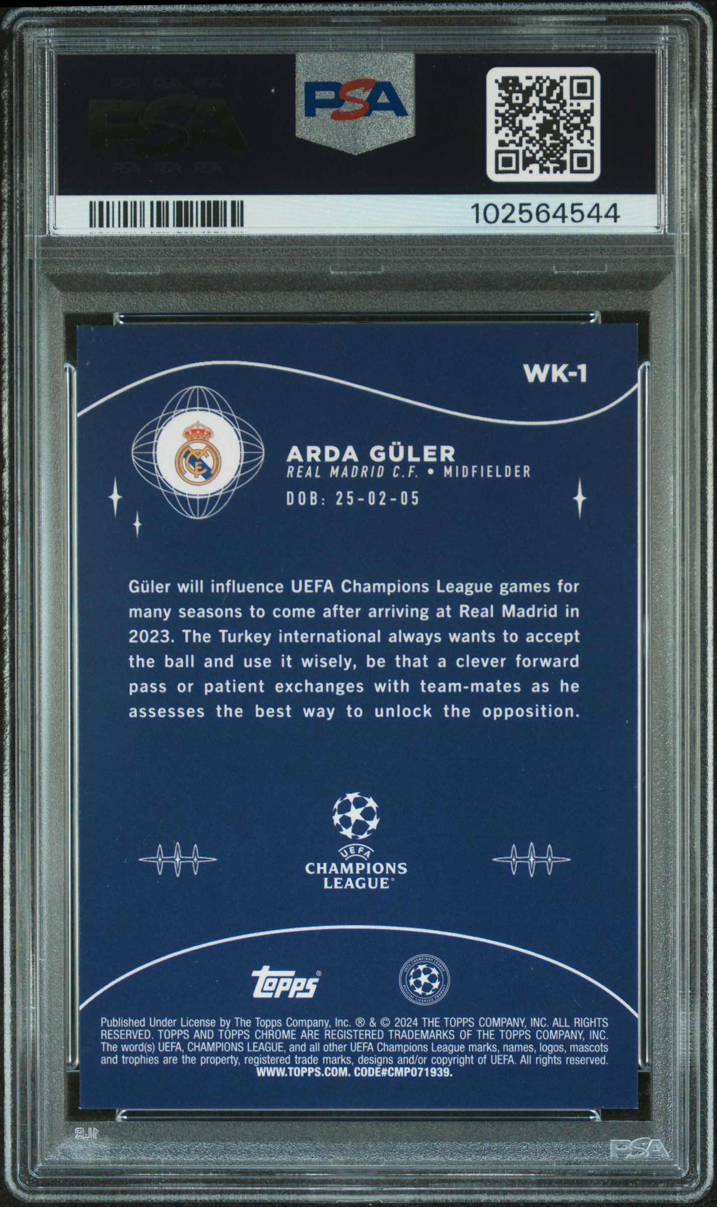 2023-24 Topps Chrome Uefa Club Competitions Wonderkids Arda Guler #Wk1 (Wonderkids-Aqua Wave) Nm-Mt 8 back