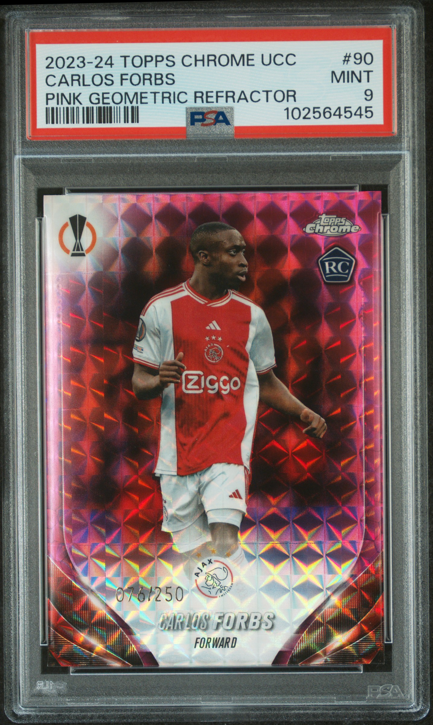 2023-24 Topps Chrome Uefa Club Competitions Carlos Forbs #90 (Pink Geometric Refractor) Mint 9 front