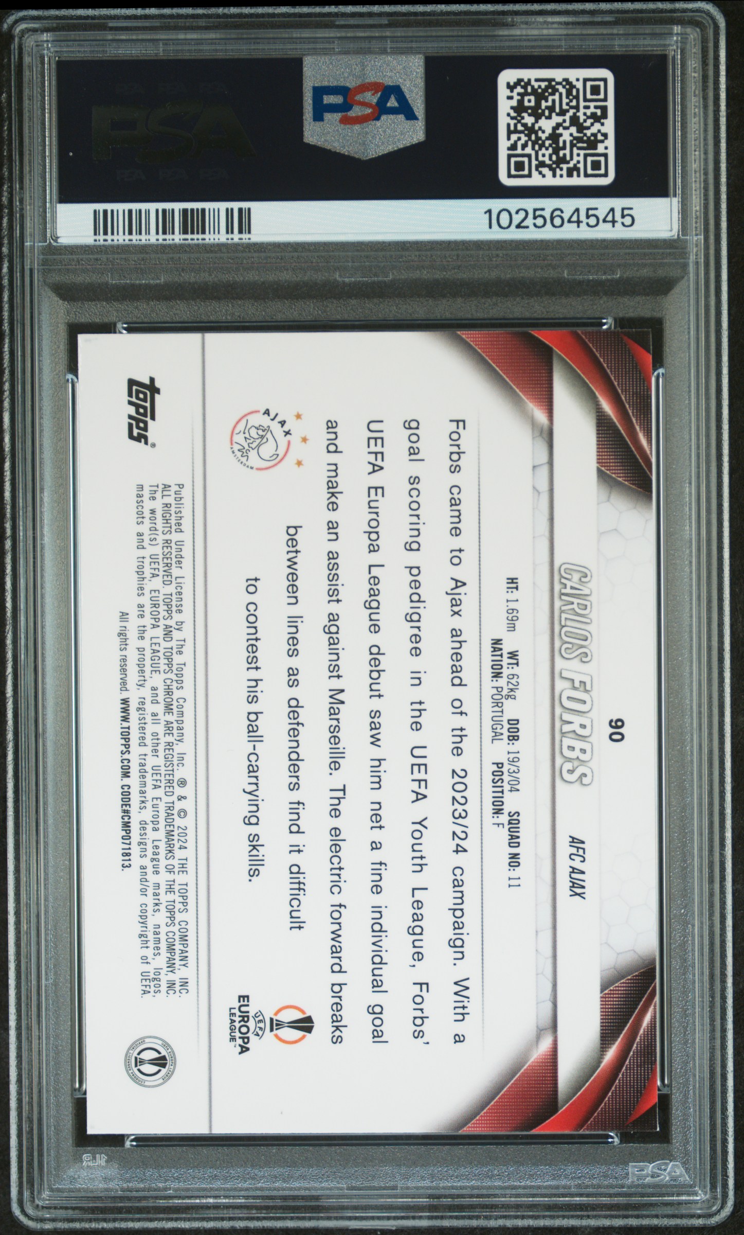 2023-24 Topps Chrome Uefa Club Competitions Carlos Forbs #90 (Pink Geometric Refractor) Mint 9 back