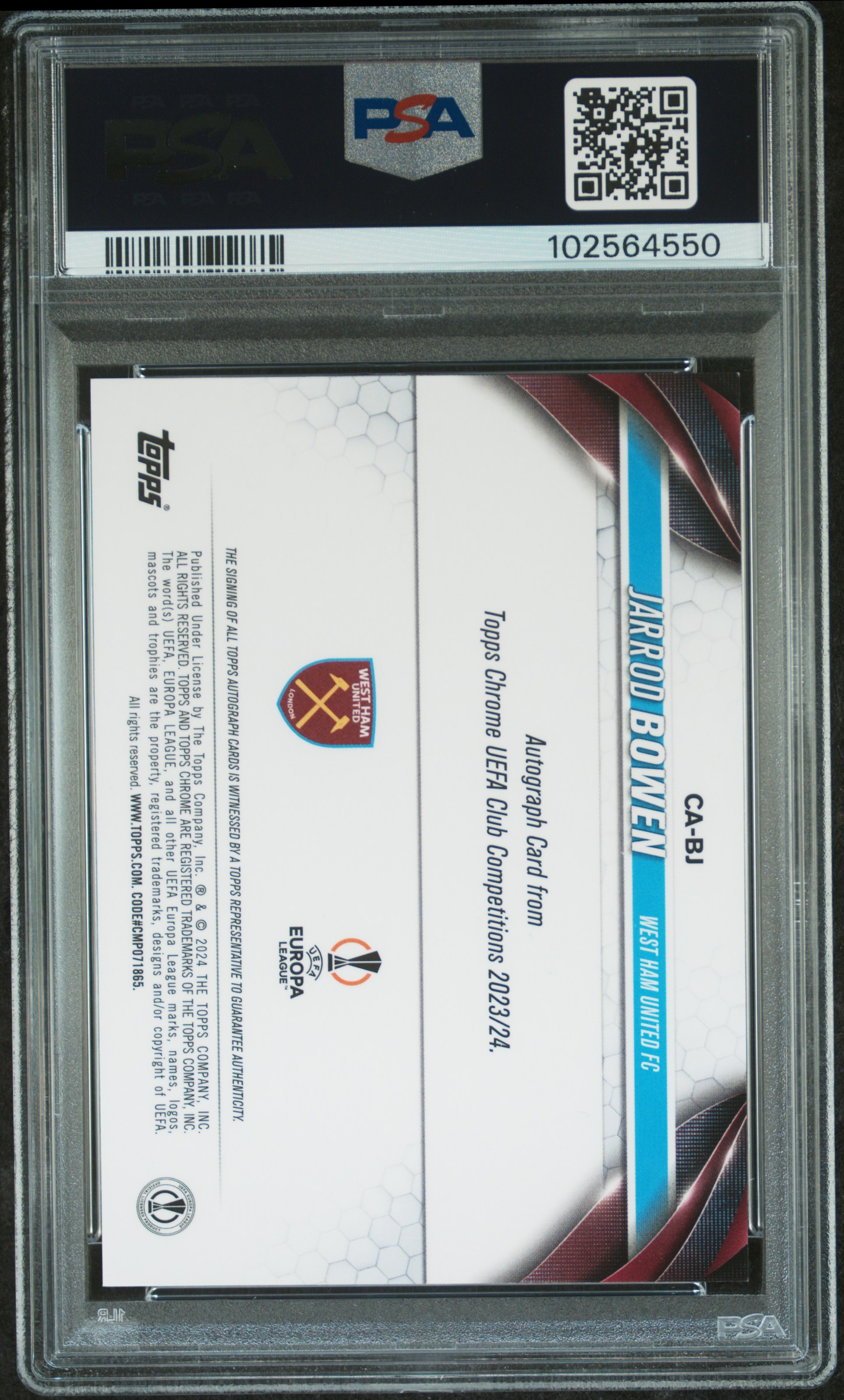 2023-24 Topps Chrome Uefa Club Competitions Chrome Autographs Jarrod Bowen #Bj (Autograph-Toppsfractor) Mint 9 back