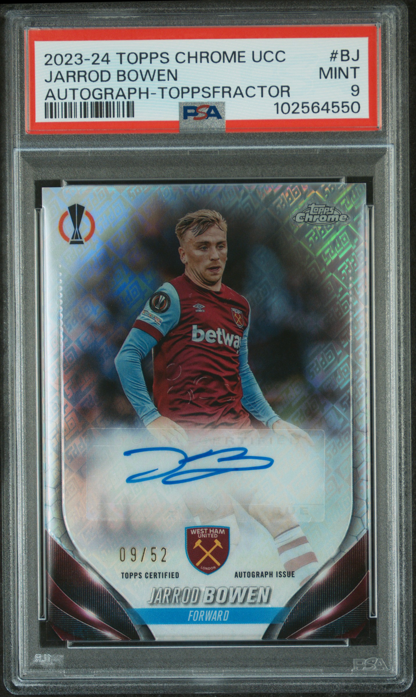 2023-24 Topps Chrome Uefa Club Competitions Chrome Autographs Jarrod Bowen #Bj (Autograph-Toppsfractor) Mint 9 front