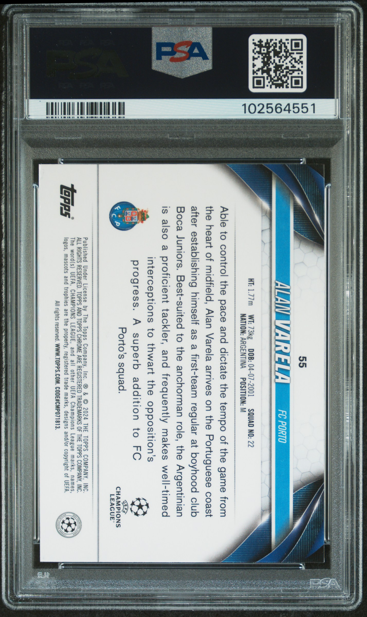 2023-24 Topps Chrome Uefa Club Competitions Alan Varela #55 (Blue Geometric Refractor) Gem Mt 10 back