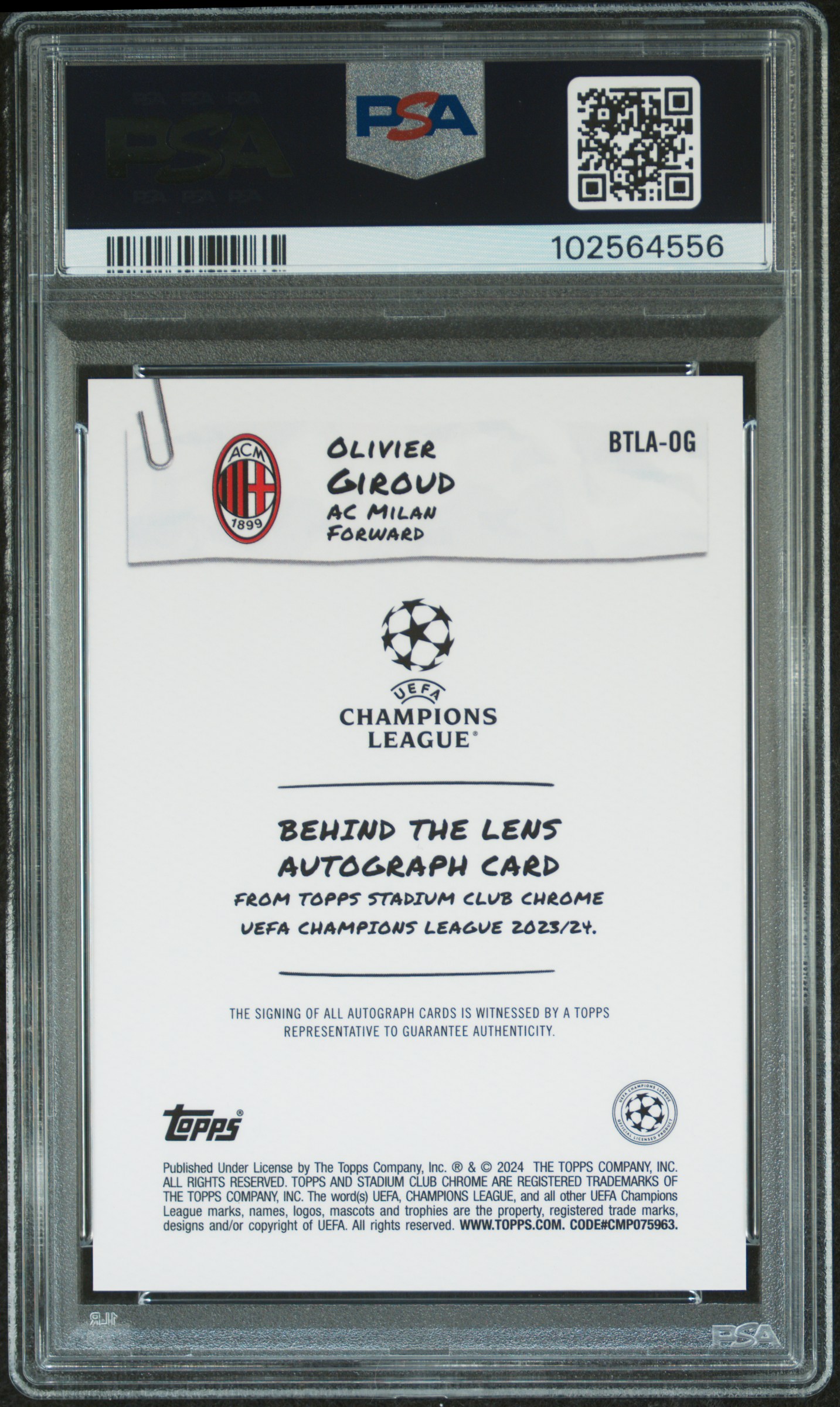 2023-24 Topps Stadium Club Chrome Uefa Club Competitions Behind The Lens Autographs Olivier Giroud #Og Gem Mt 10 back