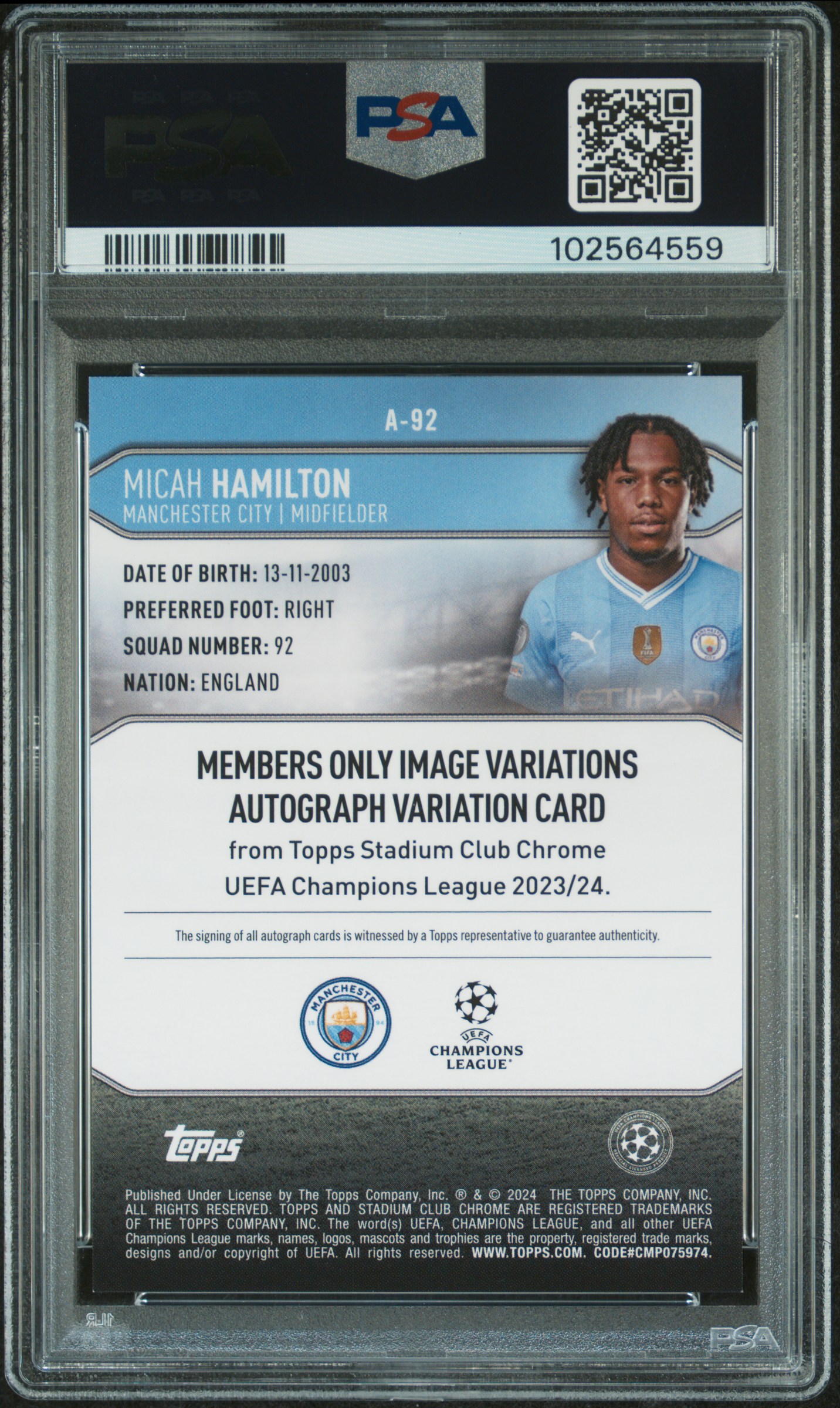 2023-24 Topps Stadium Club Chrome Uefa Club Competitions Micah Hamilton #A92 (Mo Image Var-Autograph) Mint 9 back