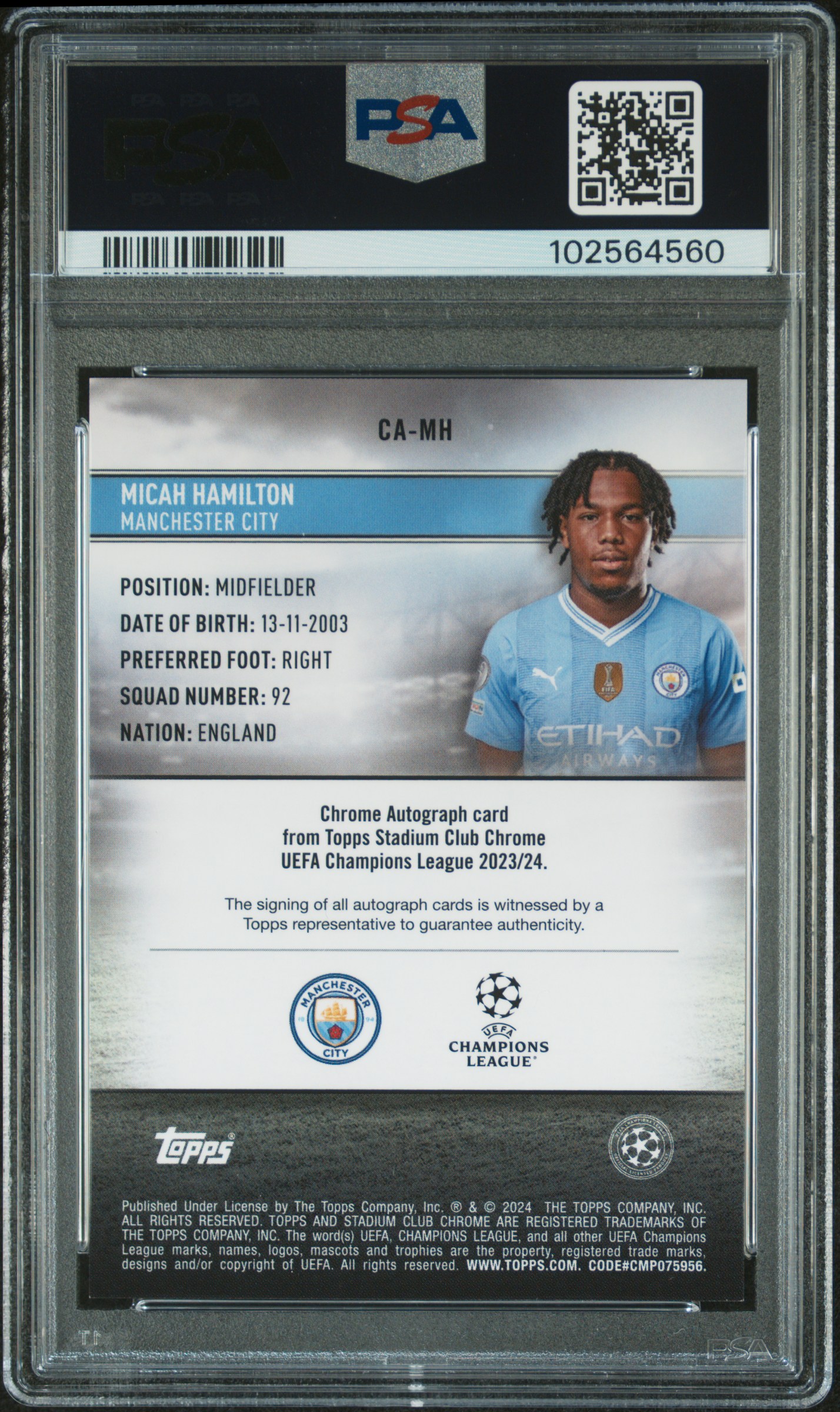 2023-24 Topps Stadium Club Chrome Uefa Club Competitions Chrome Autographs Micah Hamilton #Camh Mint 9 back