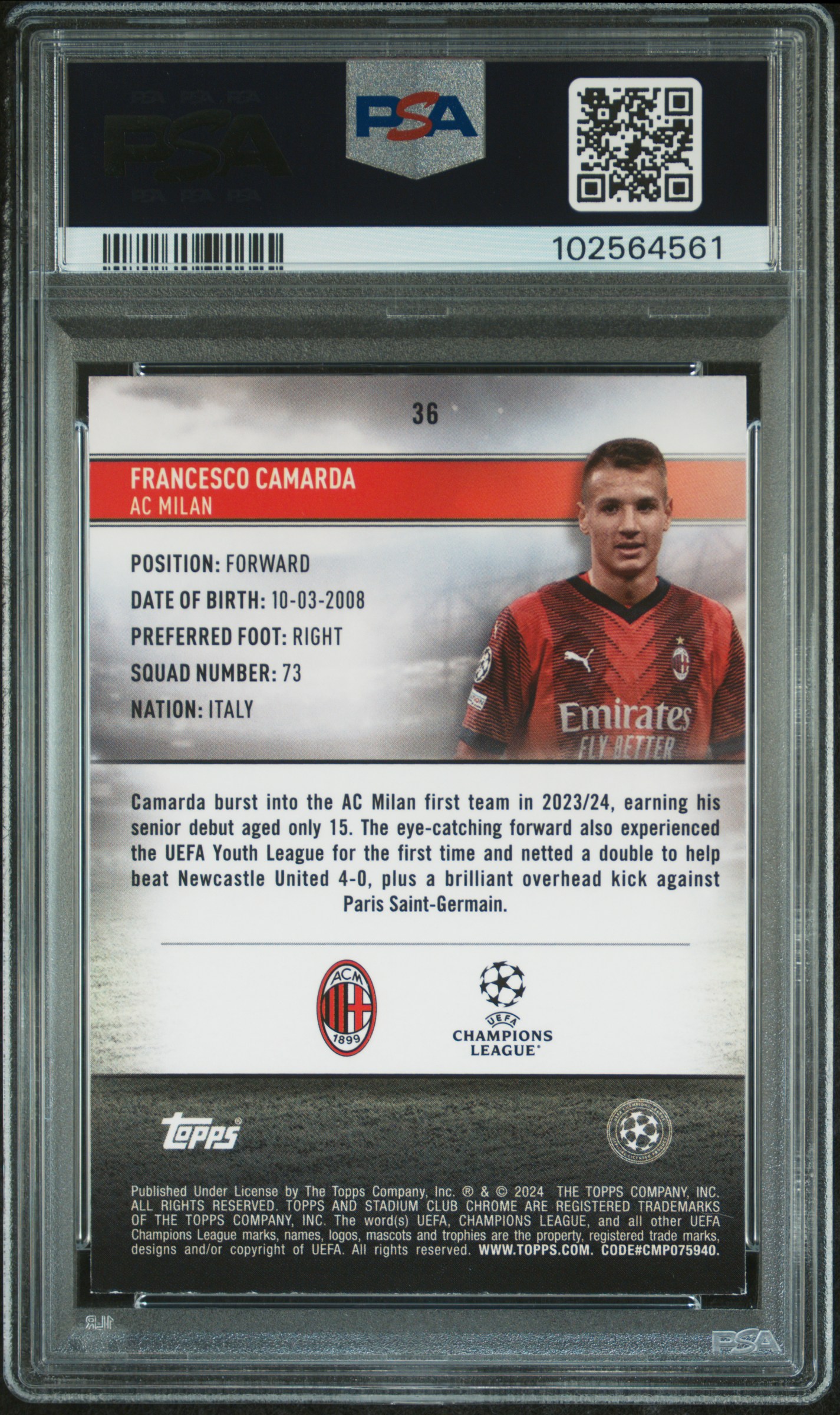 2023-24 Topps Stadium Club Chrome Uefa Club Competitions Francesco Camarda #36 (Aqua Wave) Nm-Mt+ 8.5 back