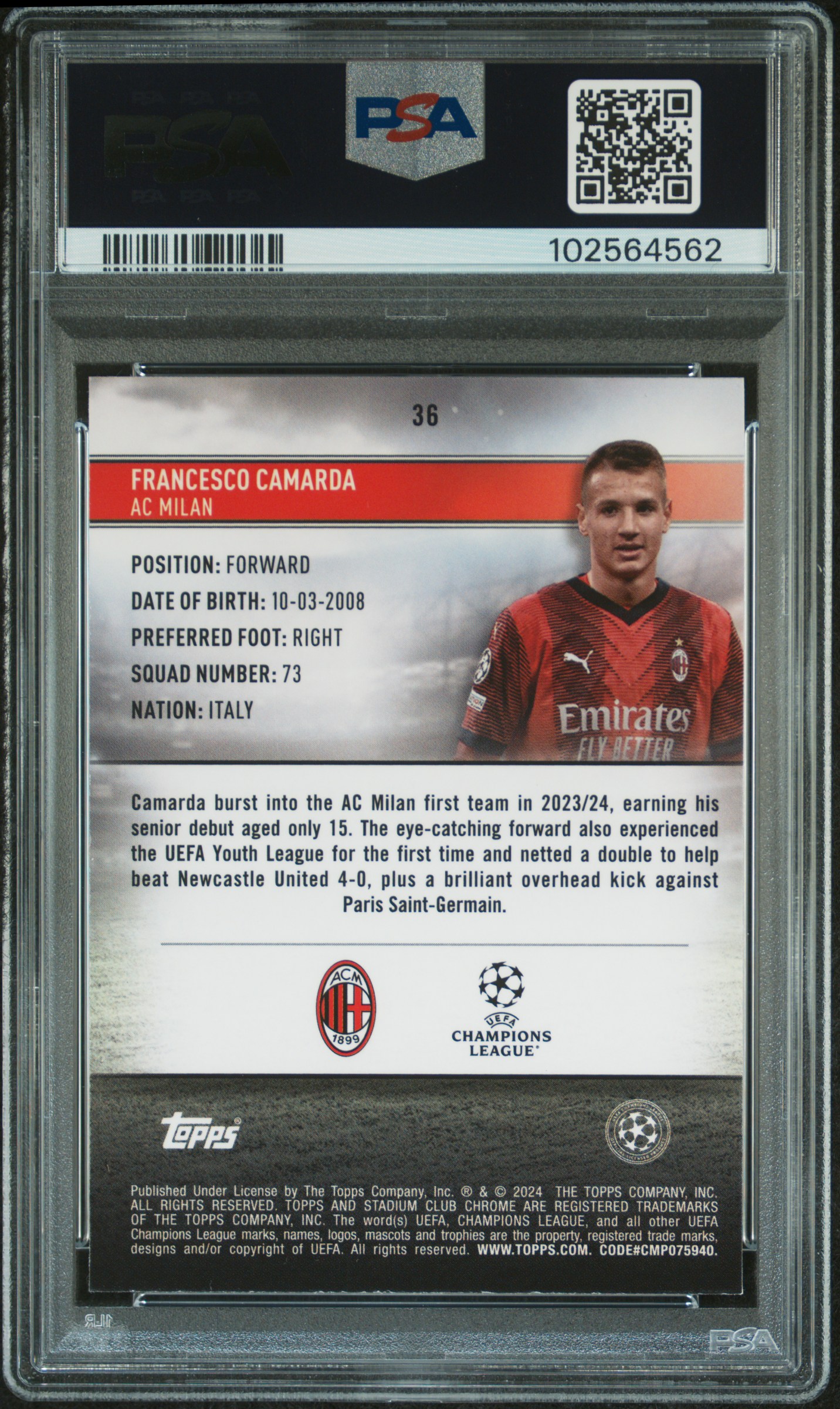 2023-24 Topps Stadium Club Chrome Uefa Club Competitions Francesco Camarda #36 (Neon Green X-Fractor) Mint 9 back