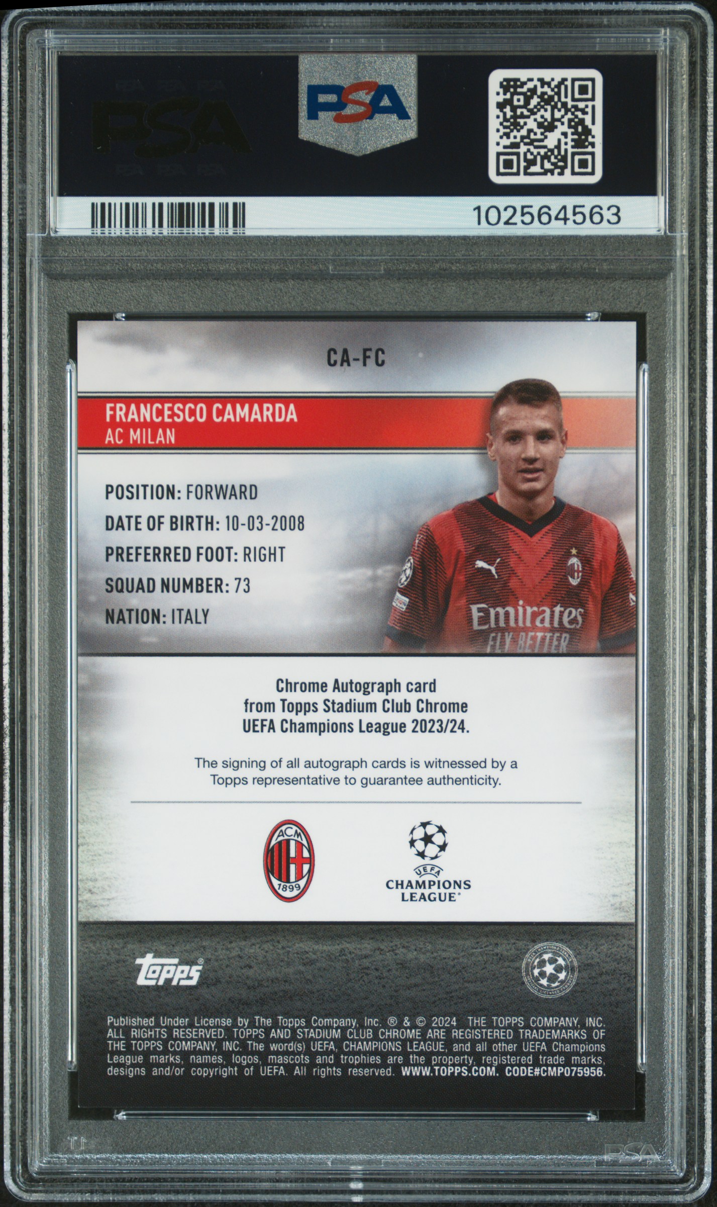2023-24 Topps Stadium Club Chrome Uefa Club Competitions Chrome Autographs Francesco Camarda #Cafc Mint 9 back