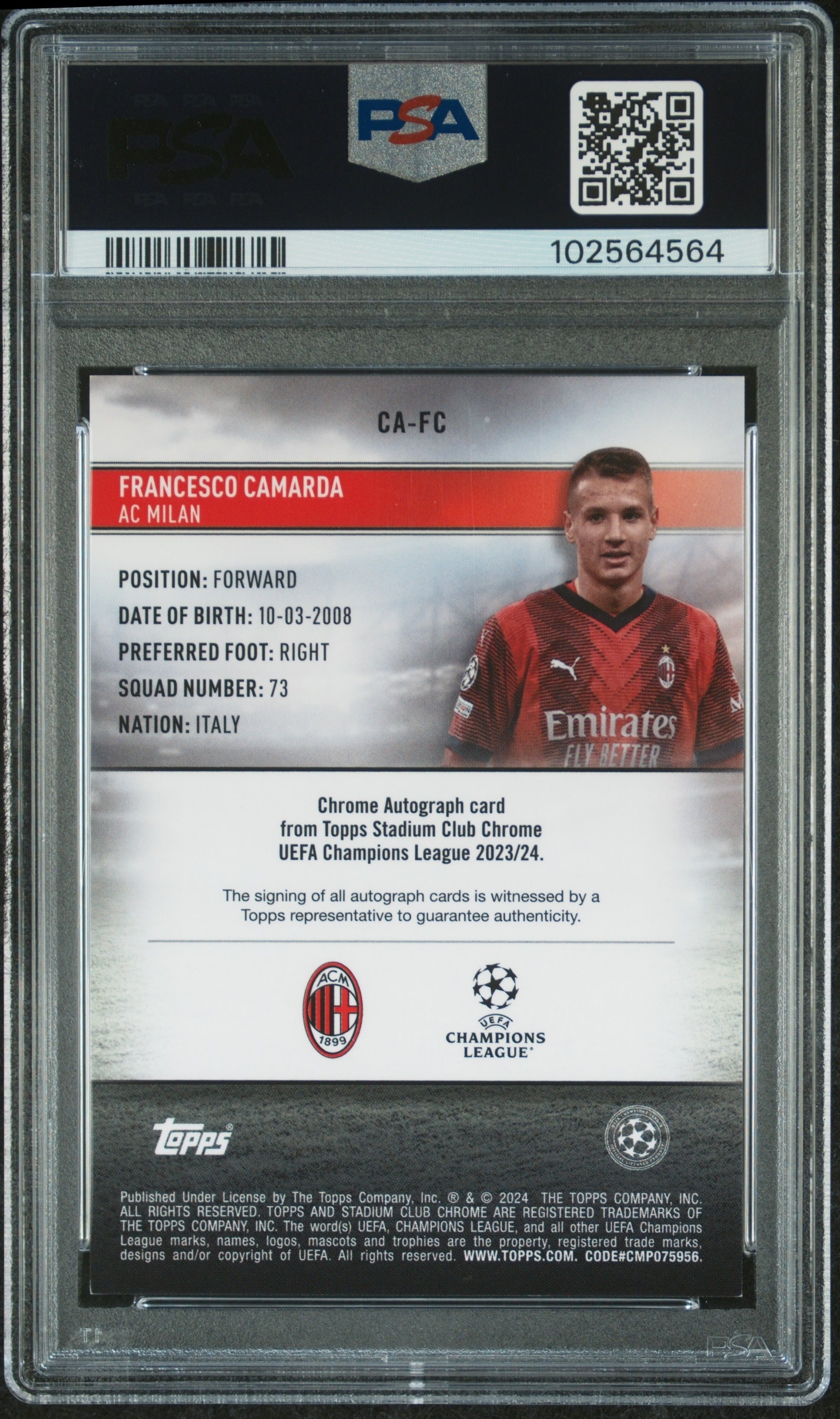 2023-24 Topps Stadium Club Chrome Uefa Club Competitions Chrome Autographs Francesco Camarda #Cafc Nm-Mt+ 8.5 back
